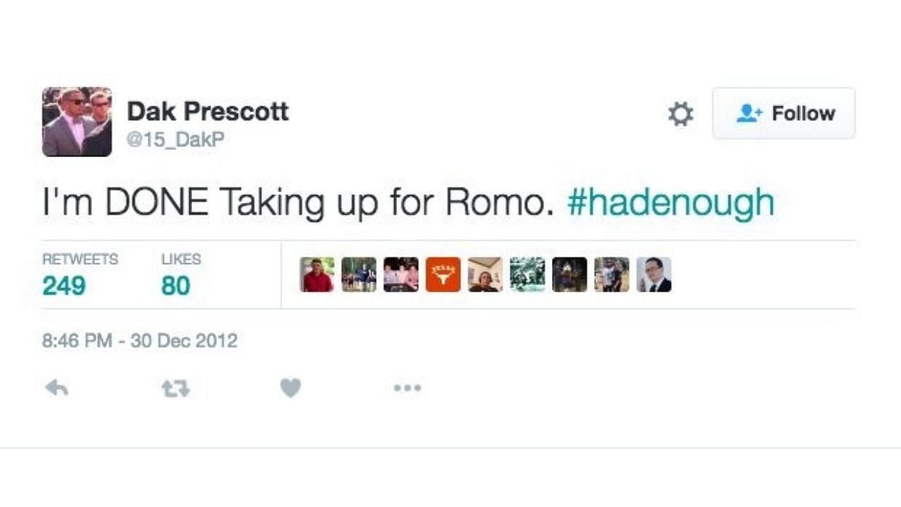 Dak Prescott&#039;s initial tweet criticizing Tony Romo - image vis Twitter/CBS