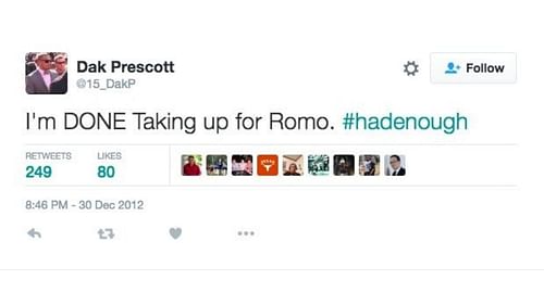 Dak Prescott's initial tweet criticizing Tony Romo - image vis Twitter/CBS