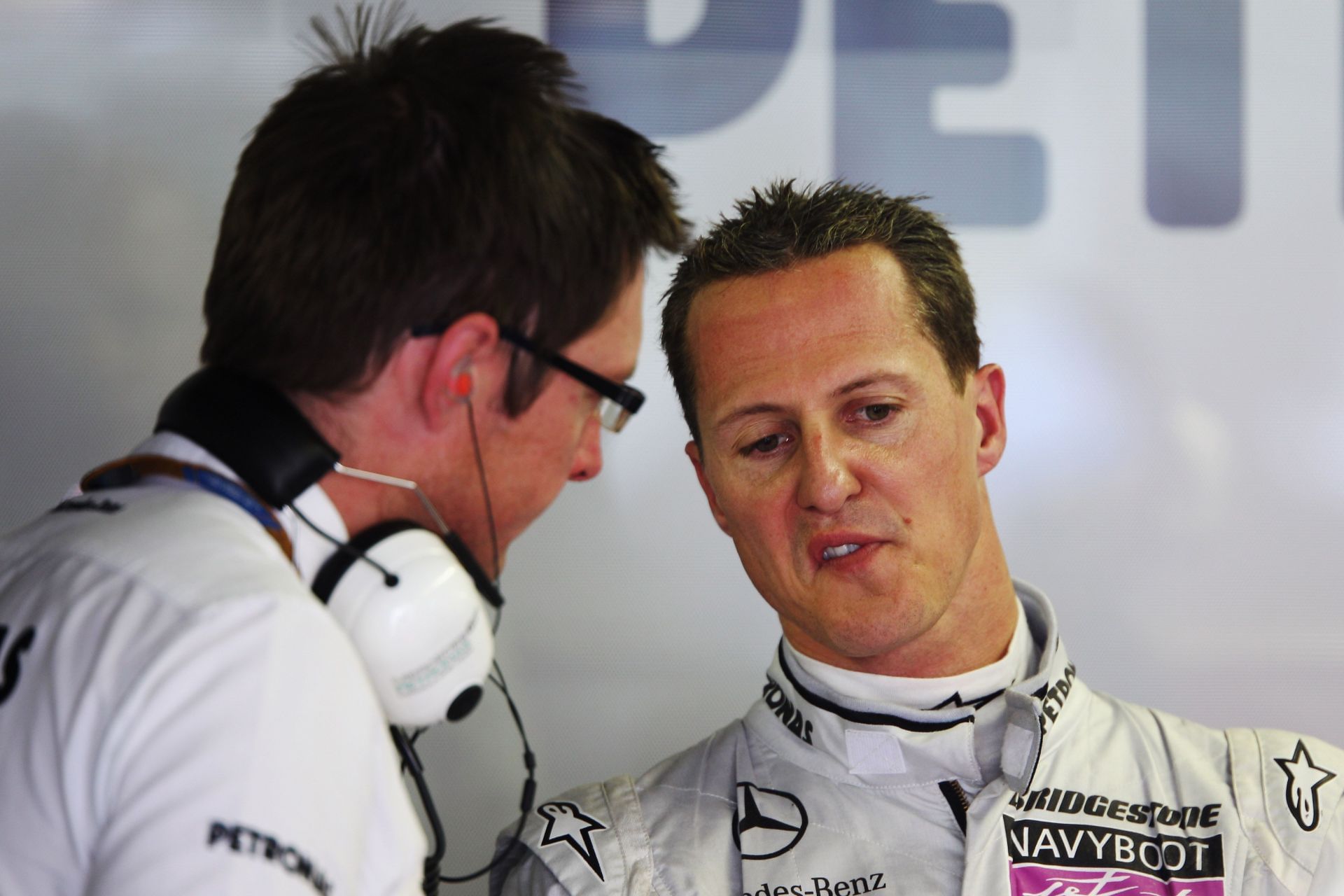 Michael Schumacher in the Mercedes garage, 2010 (Photo by Mark Thompson/Getty Images)