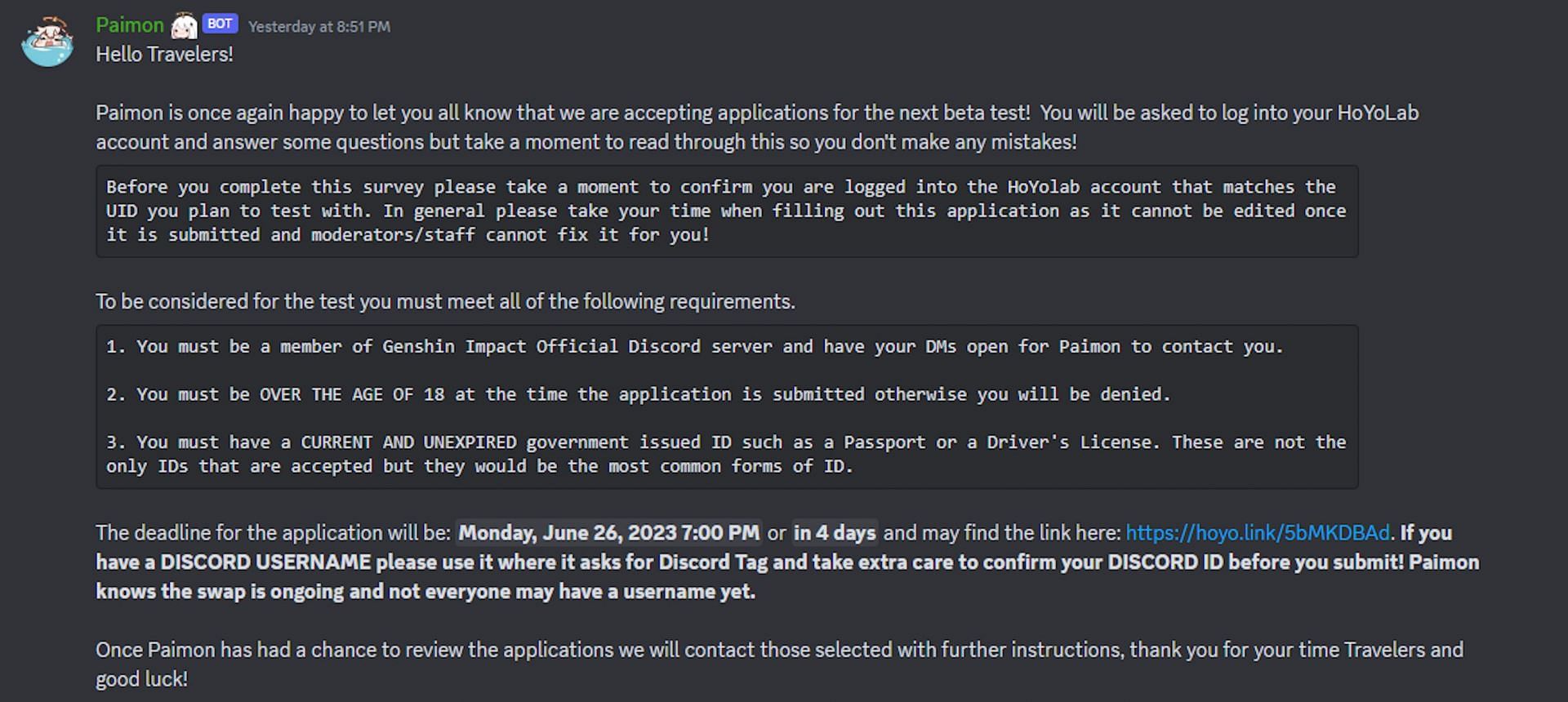 The official Discord message for the upcoming beta test (Image via HoYoverse)
