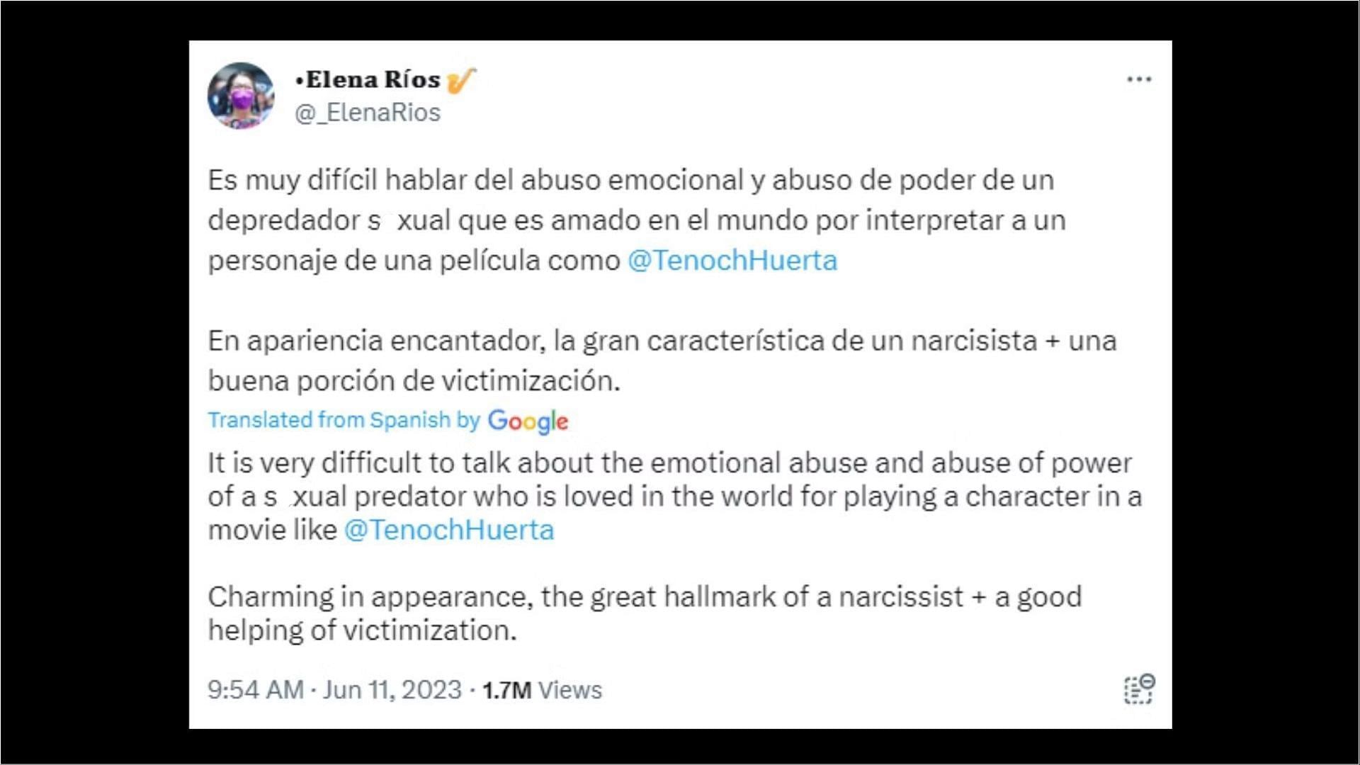 Maria Elena charged Tenoch Huerta on a few tweets (Image via _ElenaRios/Twitter)