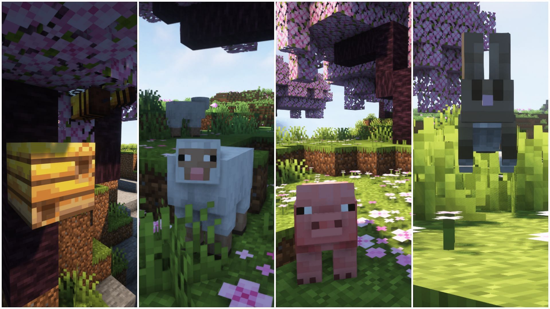 Sheep, bees, pigs, and rabbits spawn in the Cherry Blossom biome in Minecraft 1.20 update (Image via Sportskeeda)
