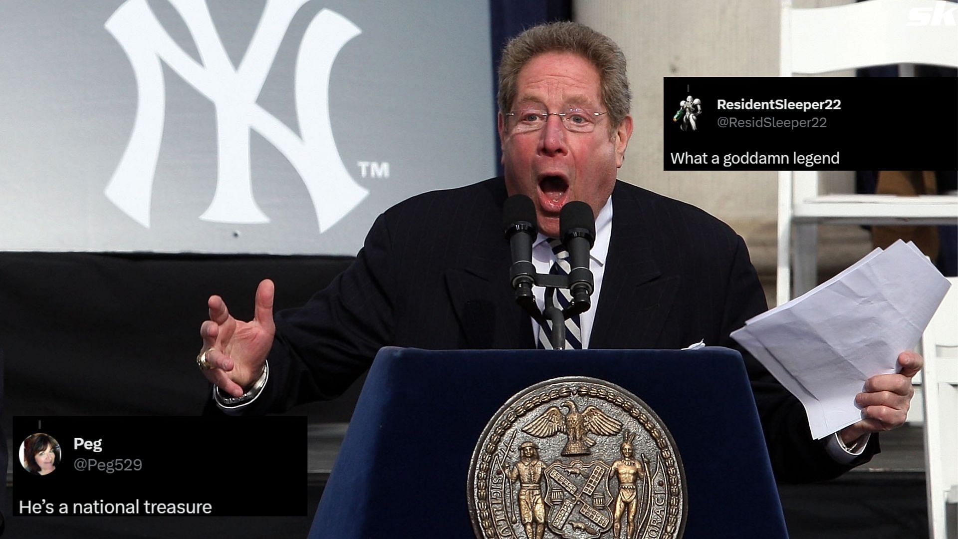  New York Yankees broadcasters Michael Kay (L) and John Sterling speak during the New York Yankees World Series Victory Celebration at City Hall on November 6, 2009 in New York, New York.