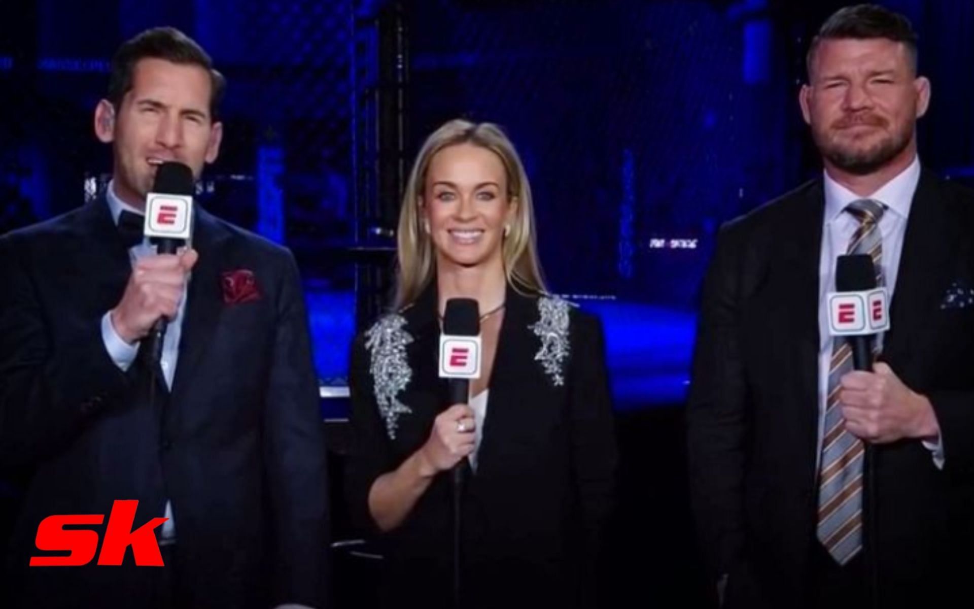 Laura Sanko with fellow commentators John Gooden and Michael Bisping