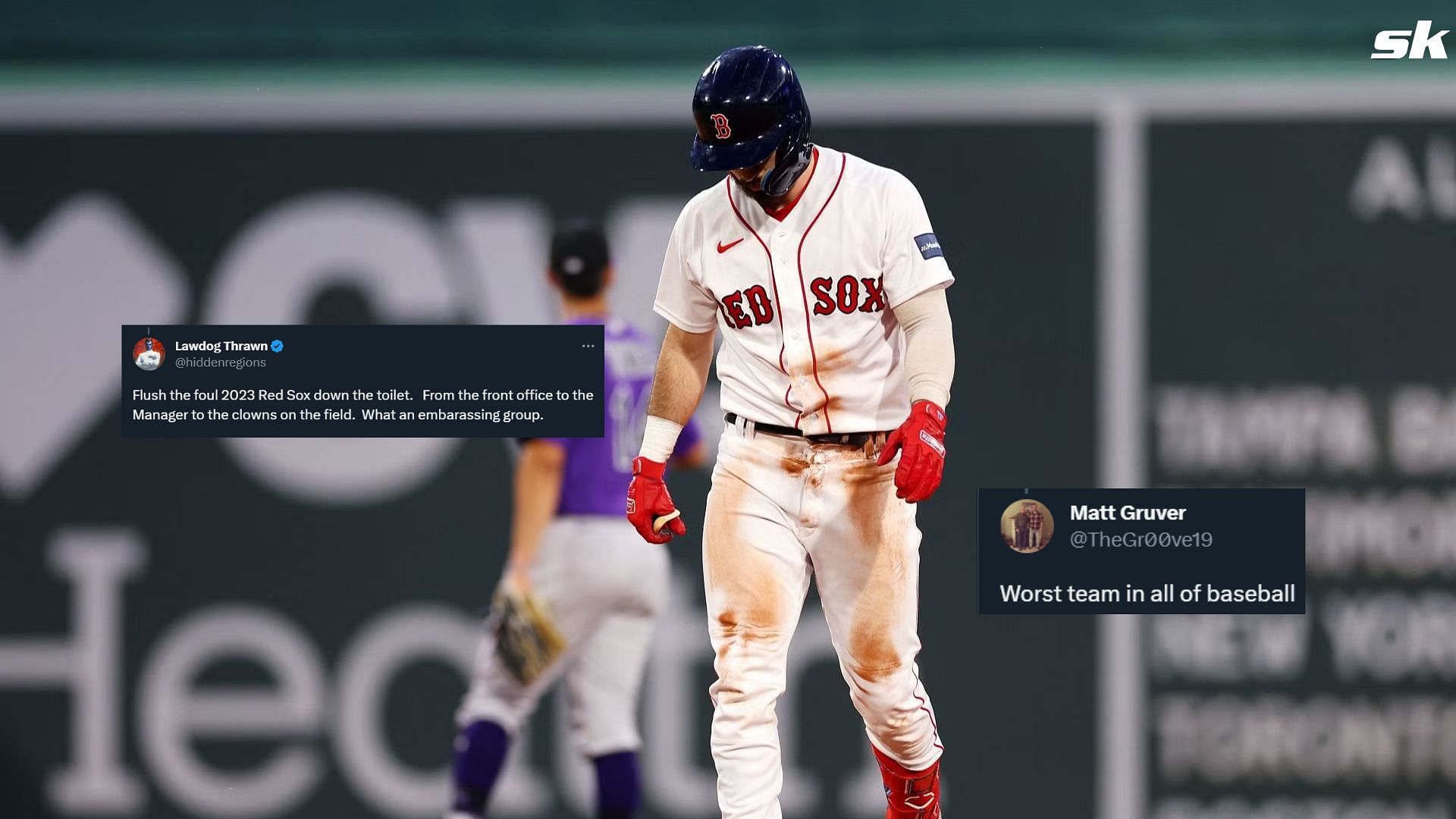 Connor Wong #12 of the Boston Red Sox looks on after being tagged out at second base by Coco Montes #3 of the Colorado Rockies during the fifth inning at Fenway Park on June 12th.