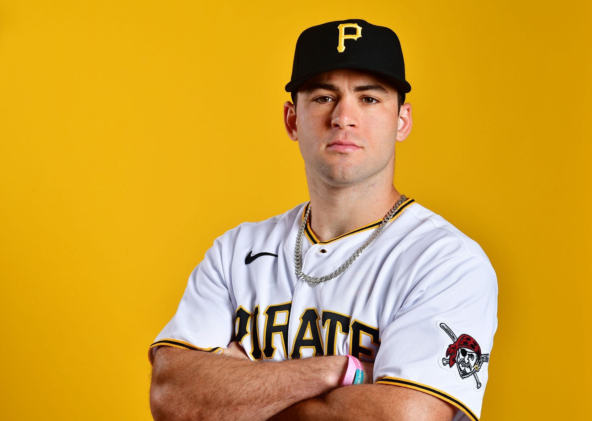 Travis Swaggerty #5 of the Pittsburgh Pirates poses for a portrait during the 2023 Pittsburgh Pirates Photo Day at Pirate City on February 22, 2023 in Bradenton, Florida. (Photo by Julio Aguilar/Getty Images)