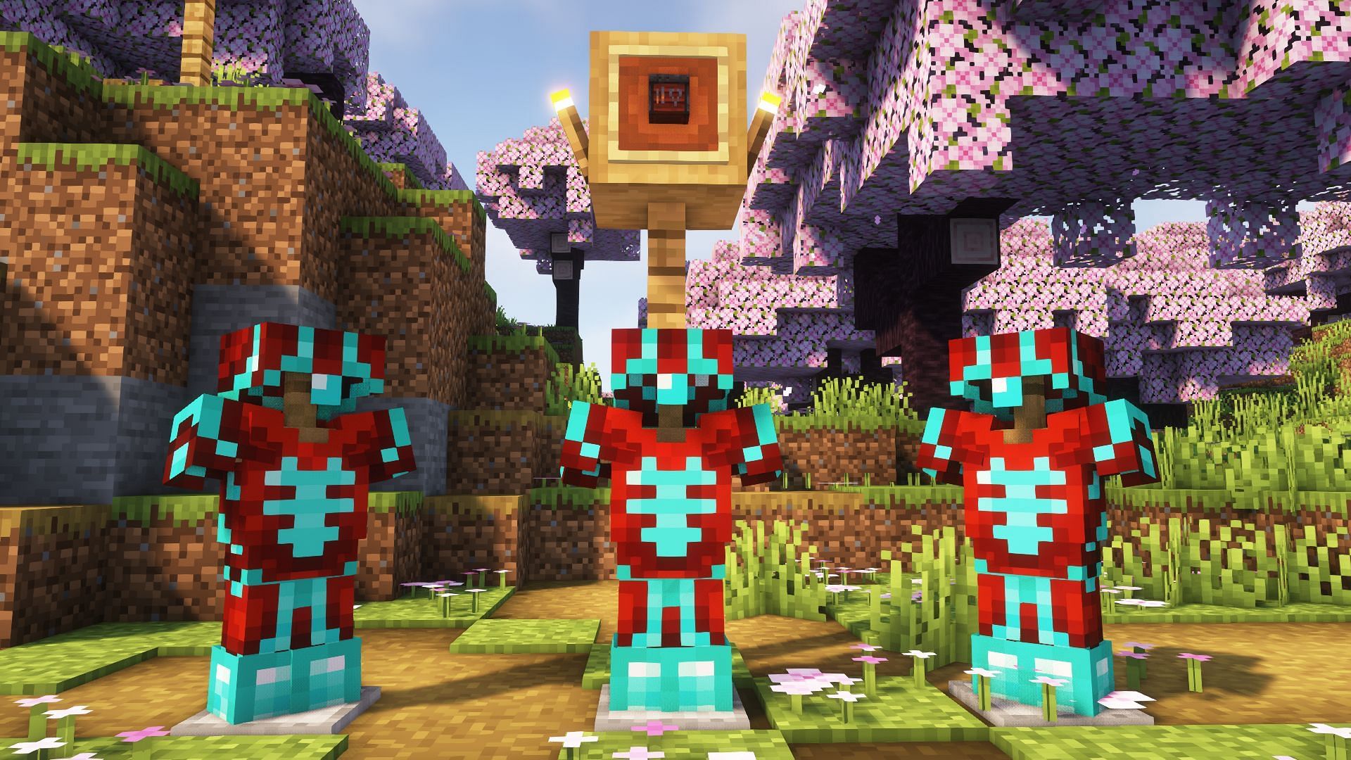 Three sets of diamond armor with the same trim (Image via Mojang)