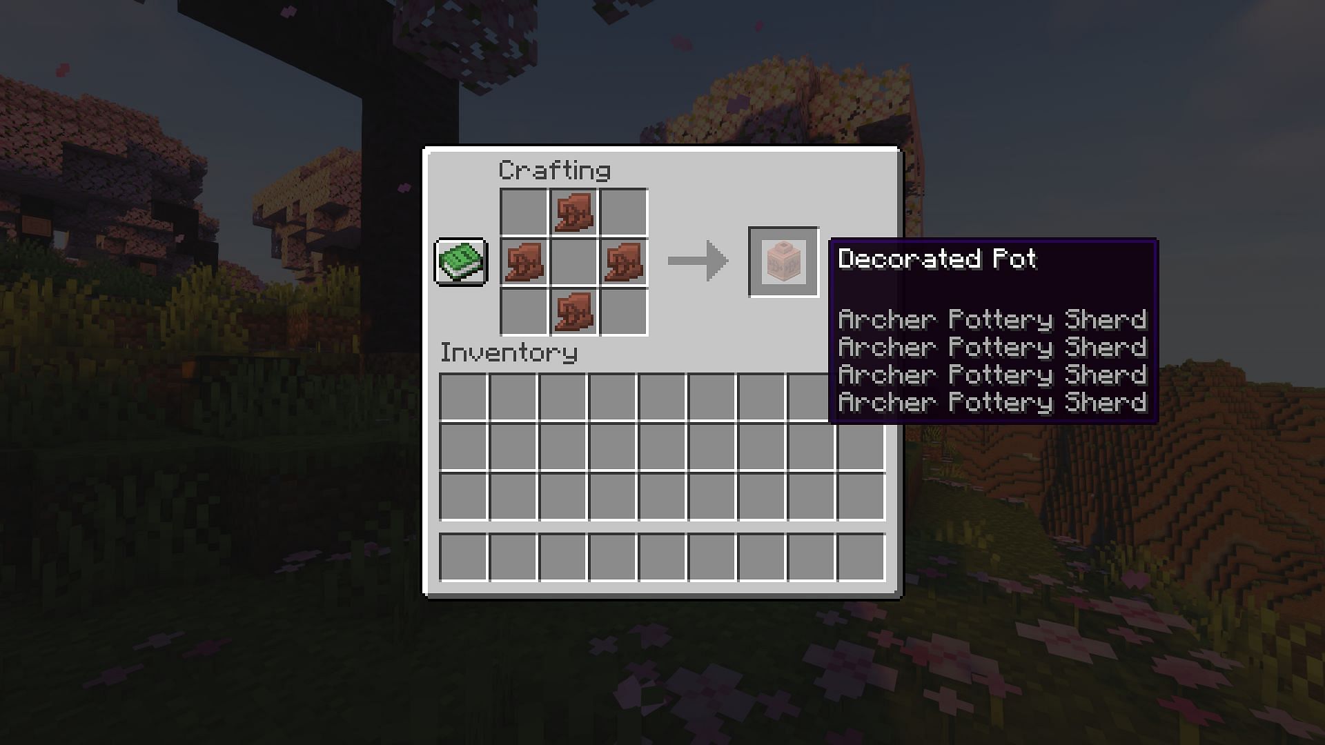 Crafting a decorated pot using archer pottery sherds (Image via Mojang)