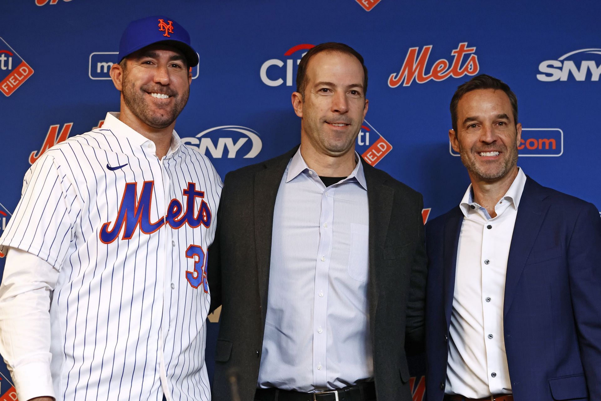 Justin Verlander of the New York Mets general manager Billy Eppler and his agent Mark Pieper at Citi Field
