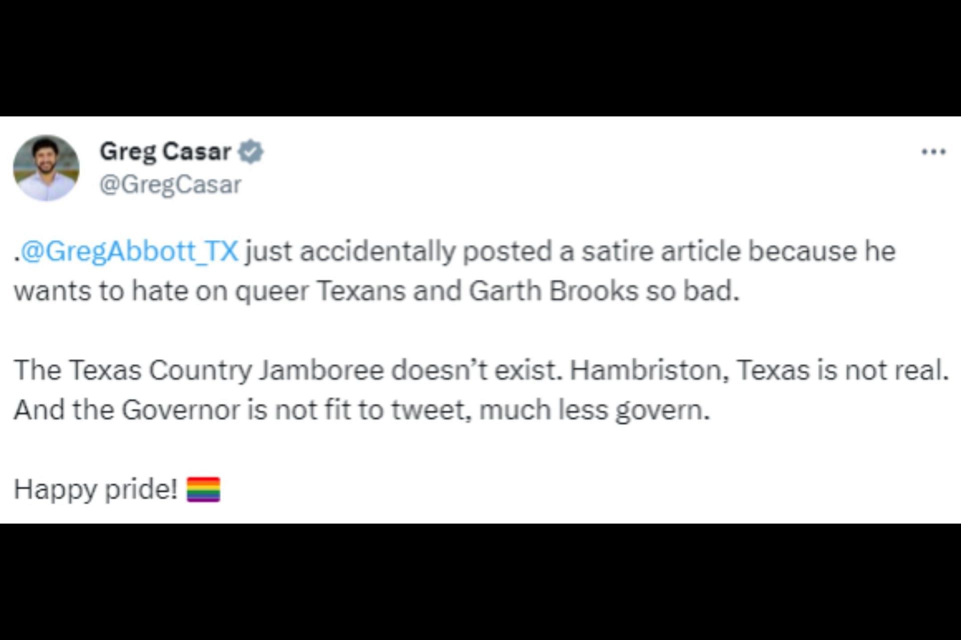 Netizens clarify that the article about Garth Brooks is a satire and not real. (Image via Twitter/@GregCasar)