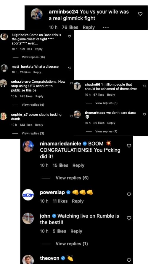 Comments on Dana White's post celebrating Power Slap reaching 1 million followers