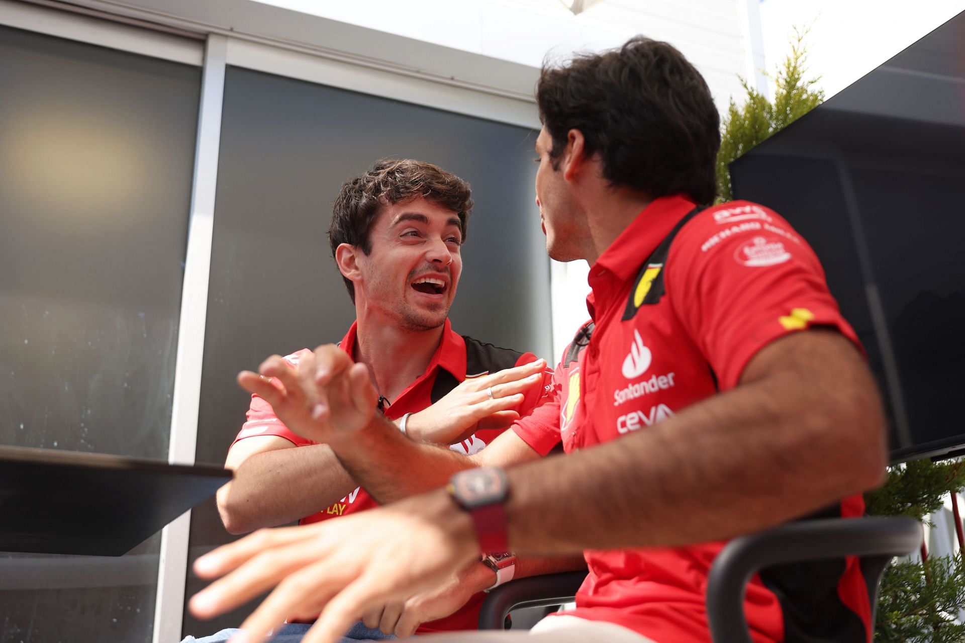 Carlos Sainz and Charles Leclerc of Ferrari (Photo by Alex Pantling/Getty Images)