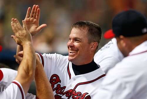 Chicago Cubs v Atlanta Braves: ATLANTA, GA - JULY 03: Chipper Jones #10 of the Atlanta Braves reacts after hitting a single in the eighth inning against the Chicago Cubs at Turner Field on July 3, 2012 in Atlanta, Georgia. (Photo by Kevin C. Cox/Getty Images)