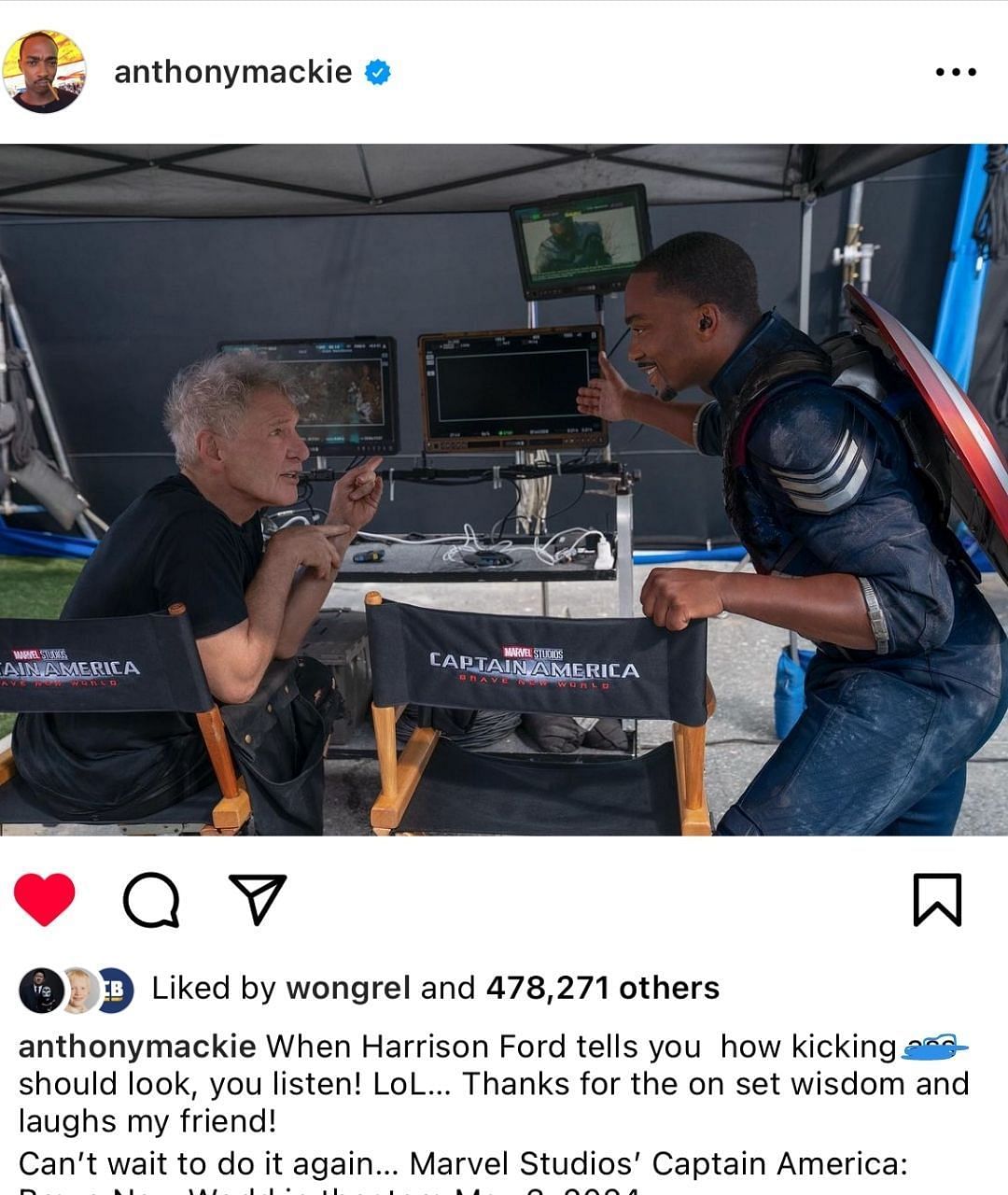 Anthony Mackie and Harrison Ford on the set of Captain America: New World Order or as it is now known as Captain America: Brave New World (Image via Instagram/Marvel)