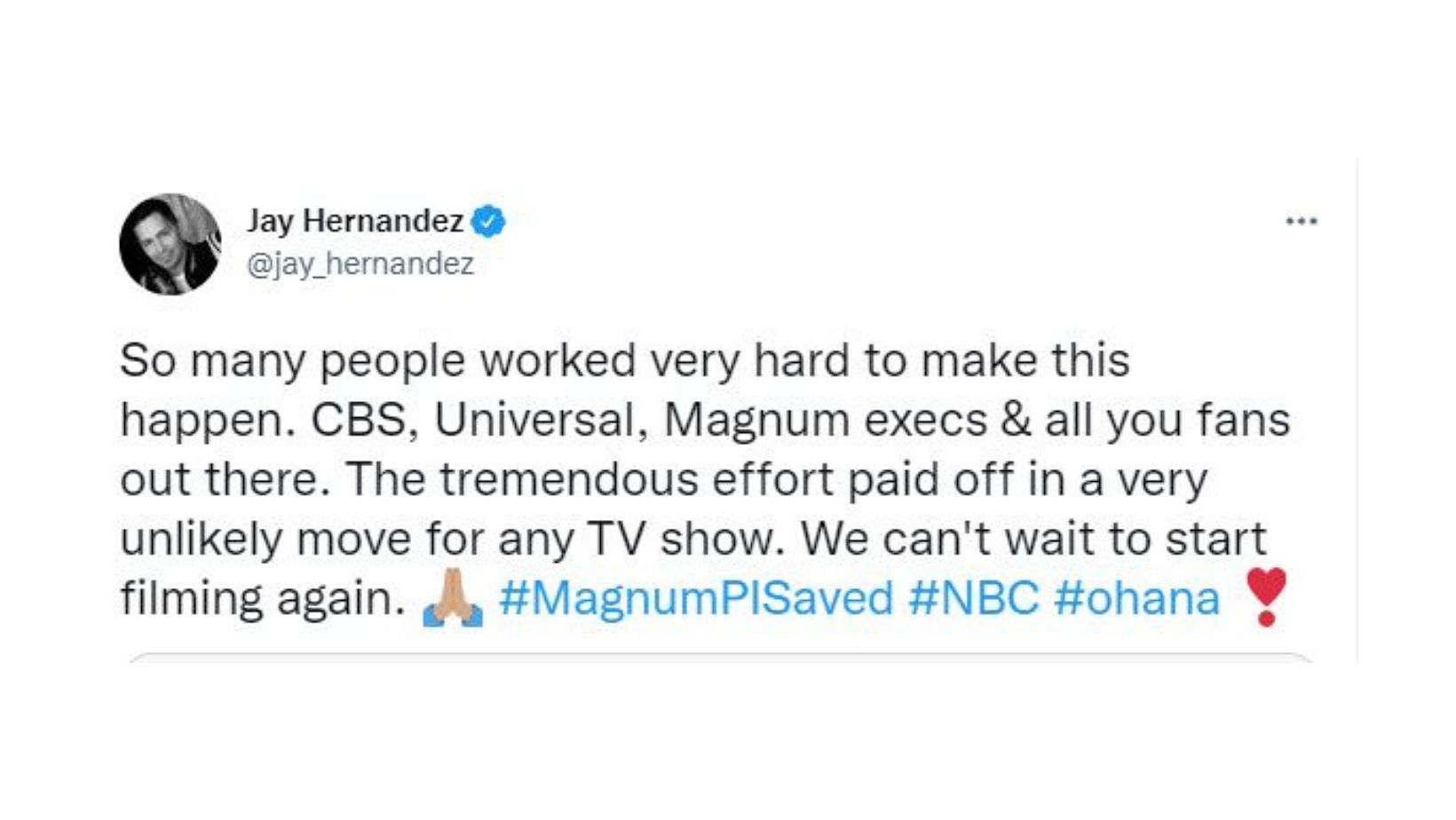 Jay Hernandez&#039;s tweet after the show was renewed by NBC (Image via Twitter)