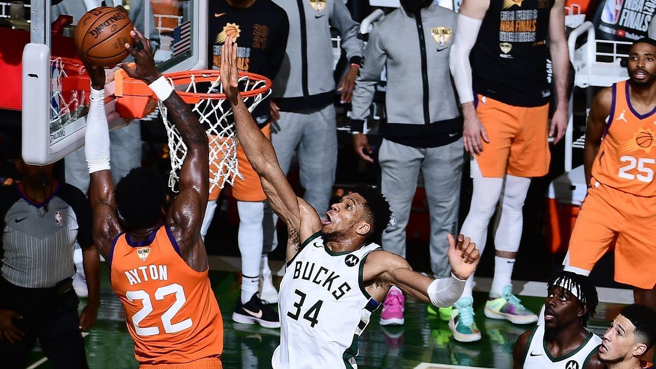 NBA Finals - Giannis Antetokounmpo blocks Deandre Ayton