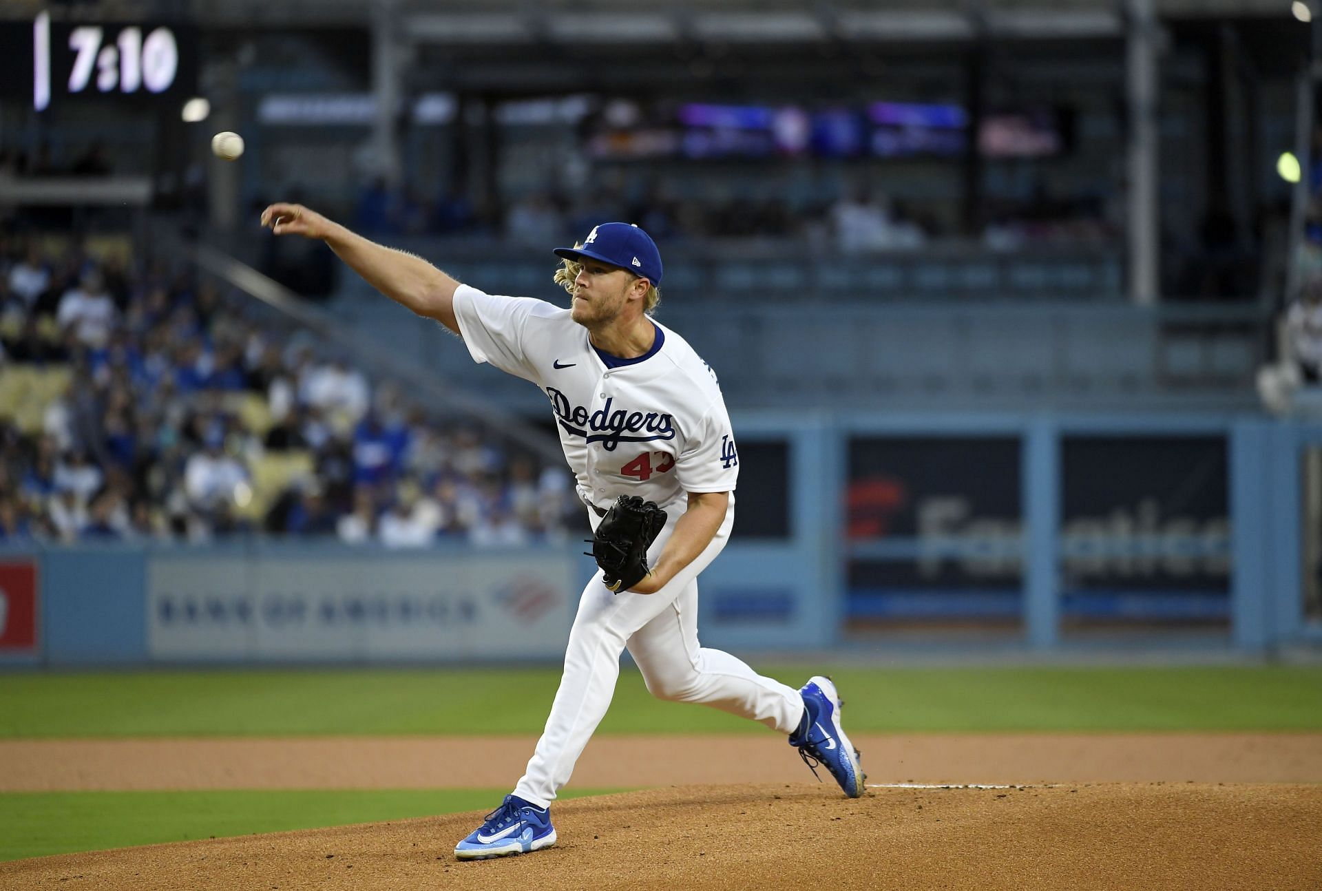 Starting pitcher Noah Syndergaard of the Los Angeles Dodgers throws against the Chicago Cubs at Dodger Stadium