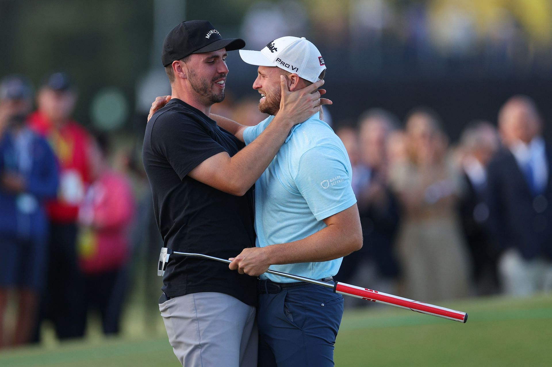 Wyndham Clark celebrated with his brother after making the winning putt at the 123rd US Open Championship