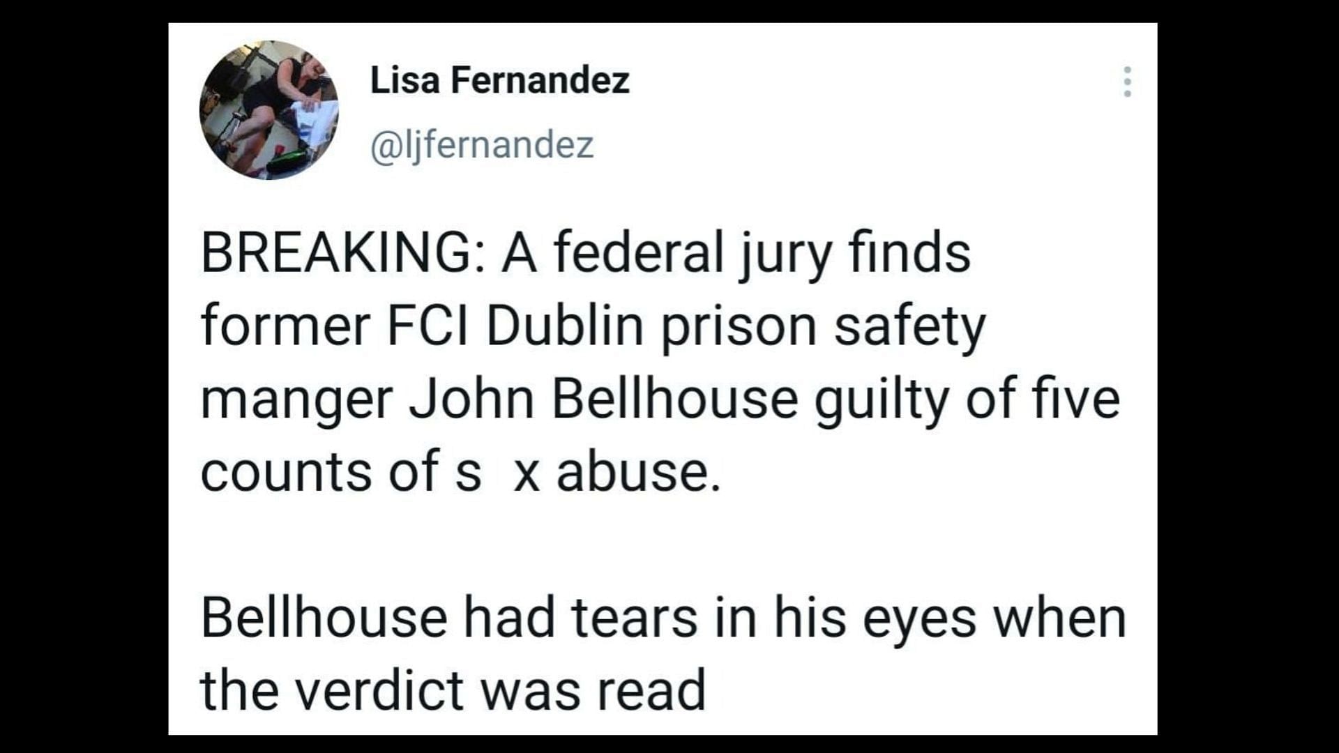 Bellhouse&#039;s sentencing is scheduled for August 2023, (Image via Lisa Fernandez/Twitter)