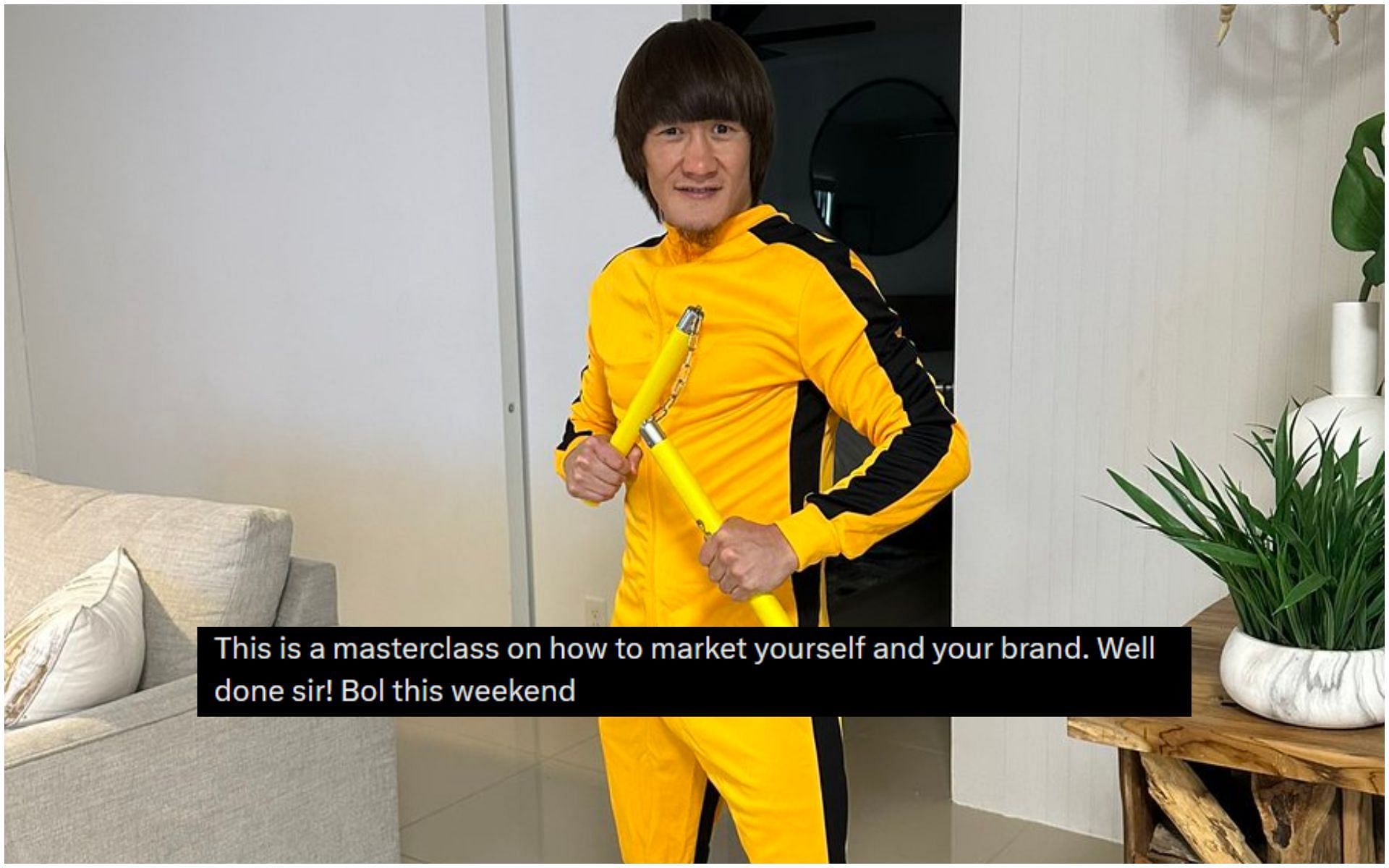 UFC flyweight contender Zhalgas Zhumagulov dressed as Bruce Lee