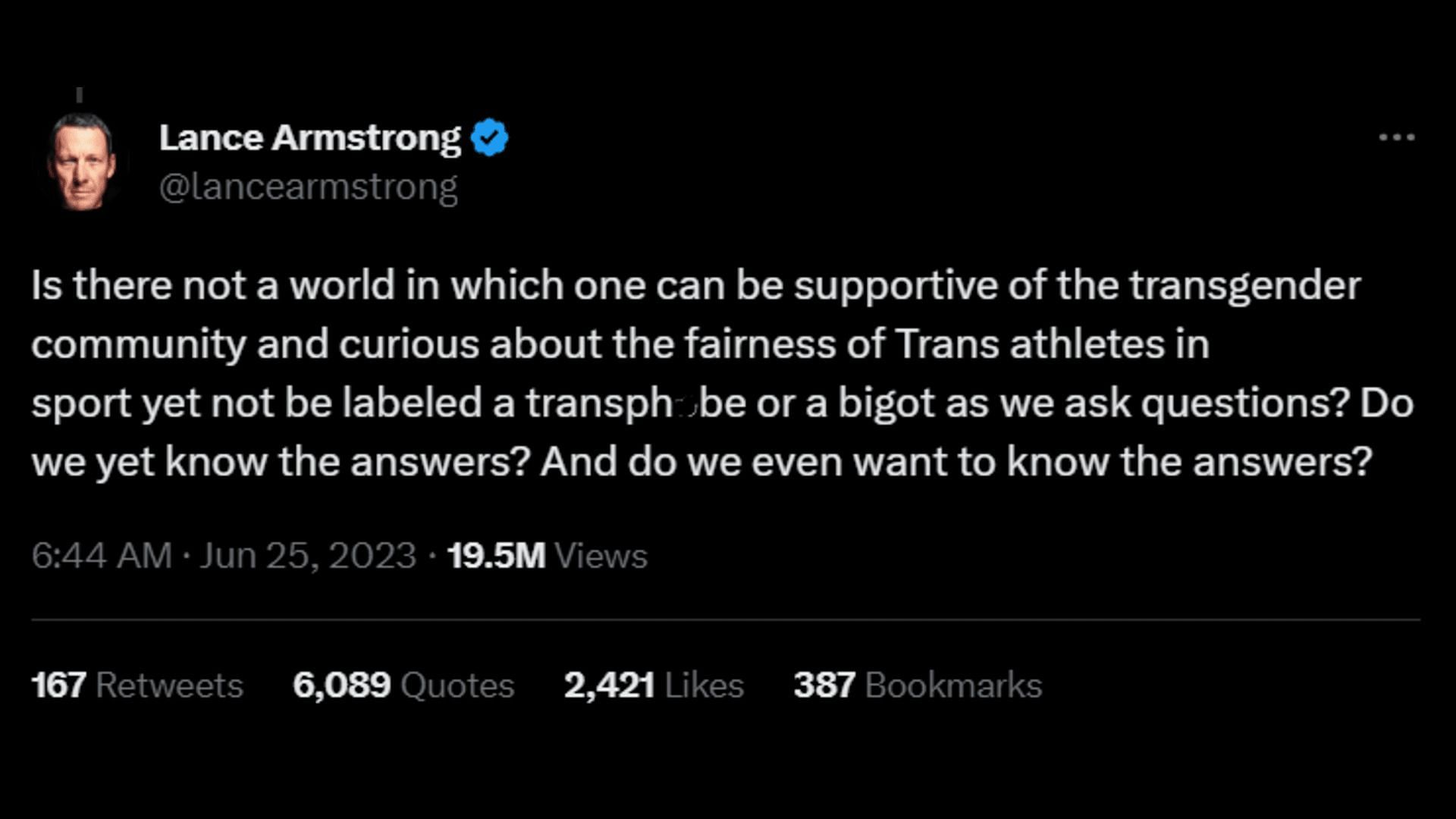 Lance Armstrong&#039;s tweet about trans representation in sports. (Image via Twitter/Lance Armstrong)