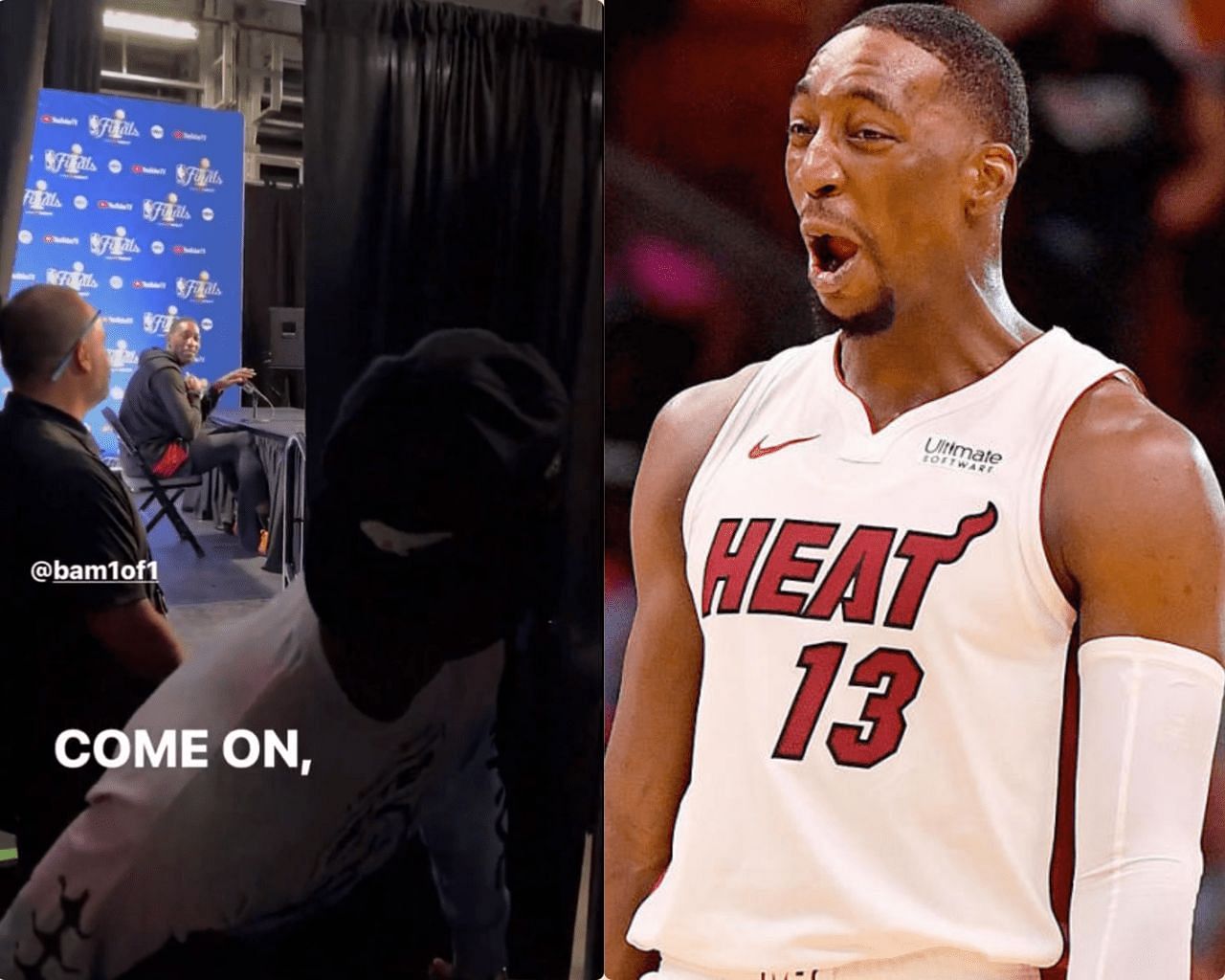 Jimmy Butler distracts Bam Adebayo in a press conference