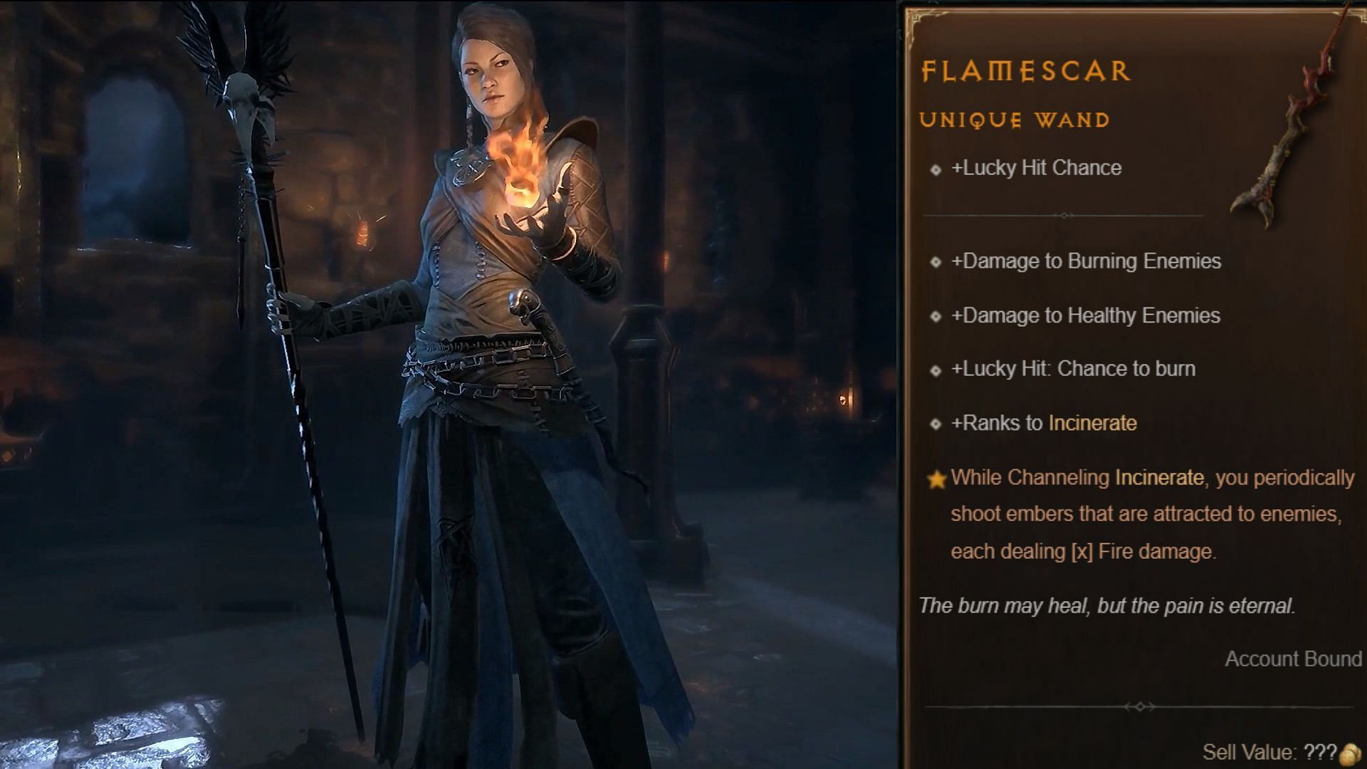 Flamescar is a Unique wand for the Sorcerer in Diablo 4 (Image via Blizzard Entertainment)