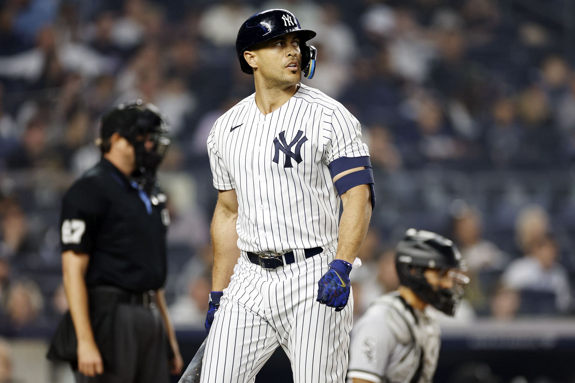 Giancarlo Stanton of the New York Yankees reacts after striking out against the Chicago White Sox at Yankee Stadium