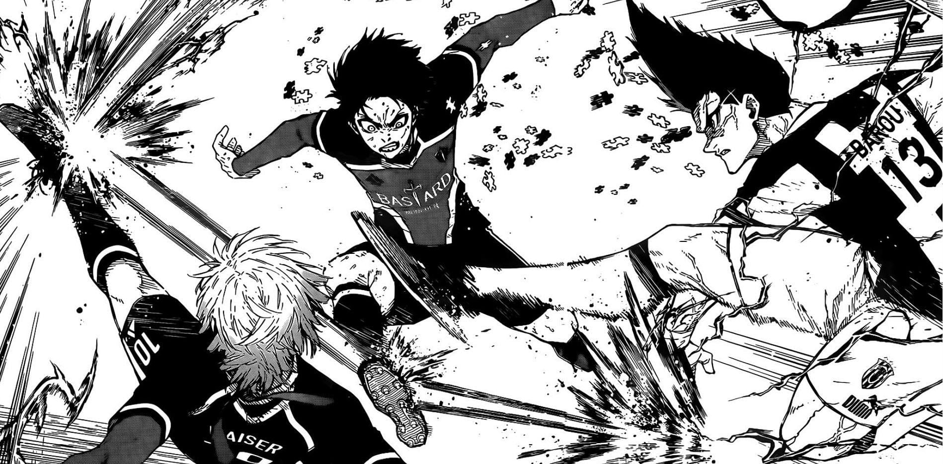 Isagi and Kaiser blocking Barou&#039;s shot in the Blue Lock manga (Image via Kodansha)