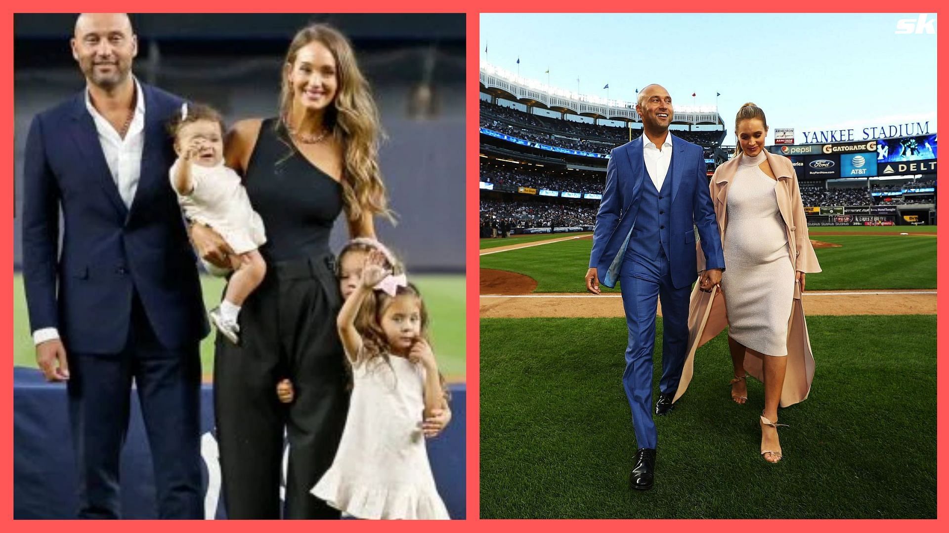 Derek Jeter with his wife, Hannah Jeter and children at Yankee Stadium.