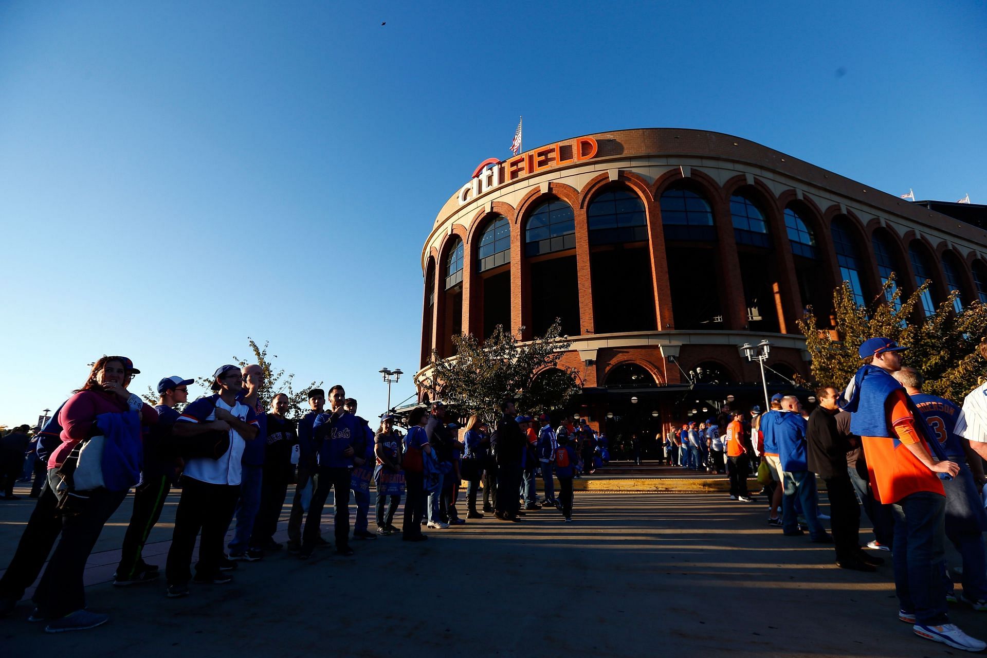 New York Mets fans gather outside of the stadium prior to game three of the NLDS at Citi Field on October 12, 2015 in New York City.
