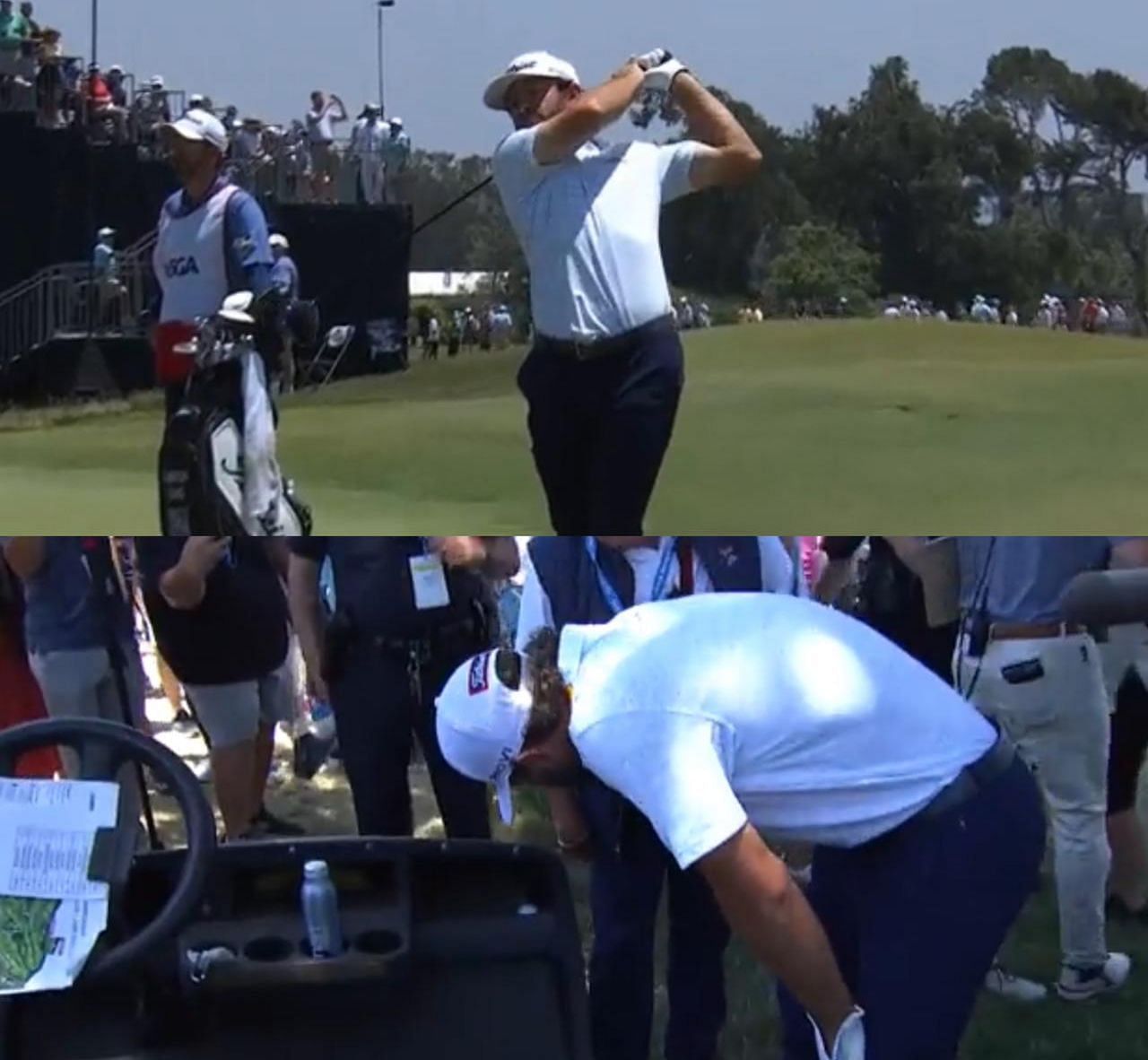 Cameron Young hitting his ball and checking where it ended. 2023 US Open, Round 3 (Image via Twitter @usopengolf).