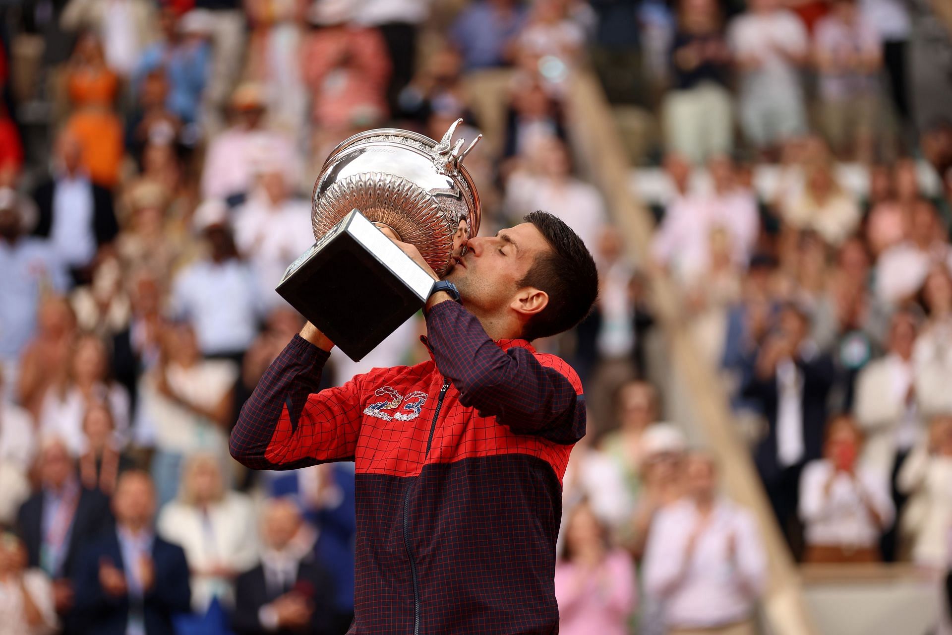 Novak Djokovic at the 2023 French Open trophy ceremony