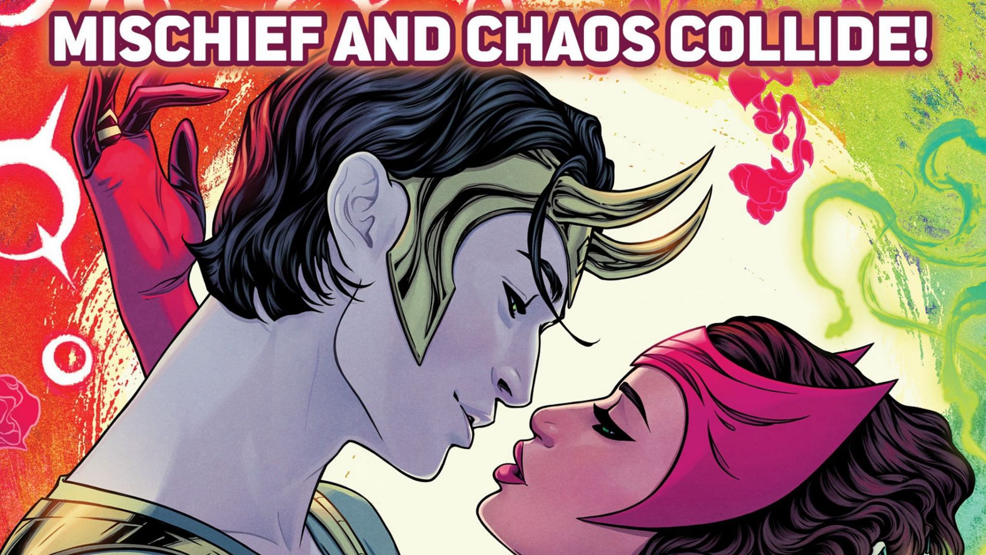 Love in the air: Loki and Scarlet witch teeter on the edge of romance (Image via Marvel Comics)