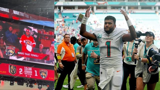 Tua Tagovailoa dons Florida Panthers gear as he watched his team team beat Vegas in Game 3.