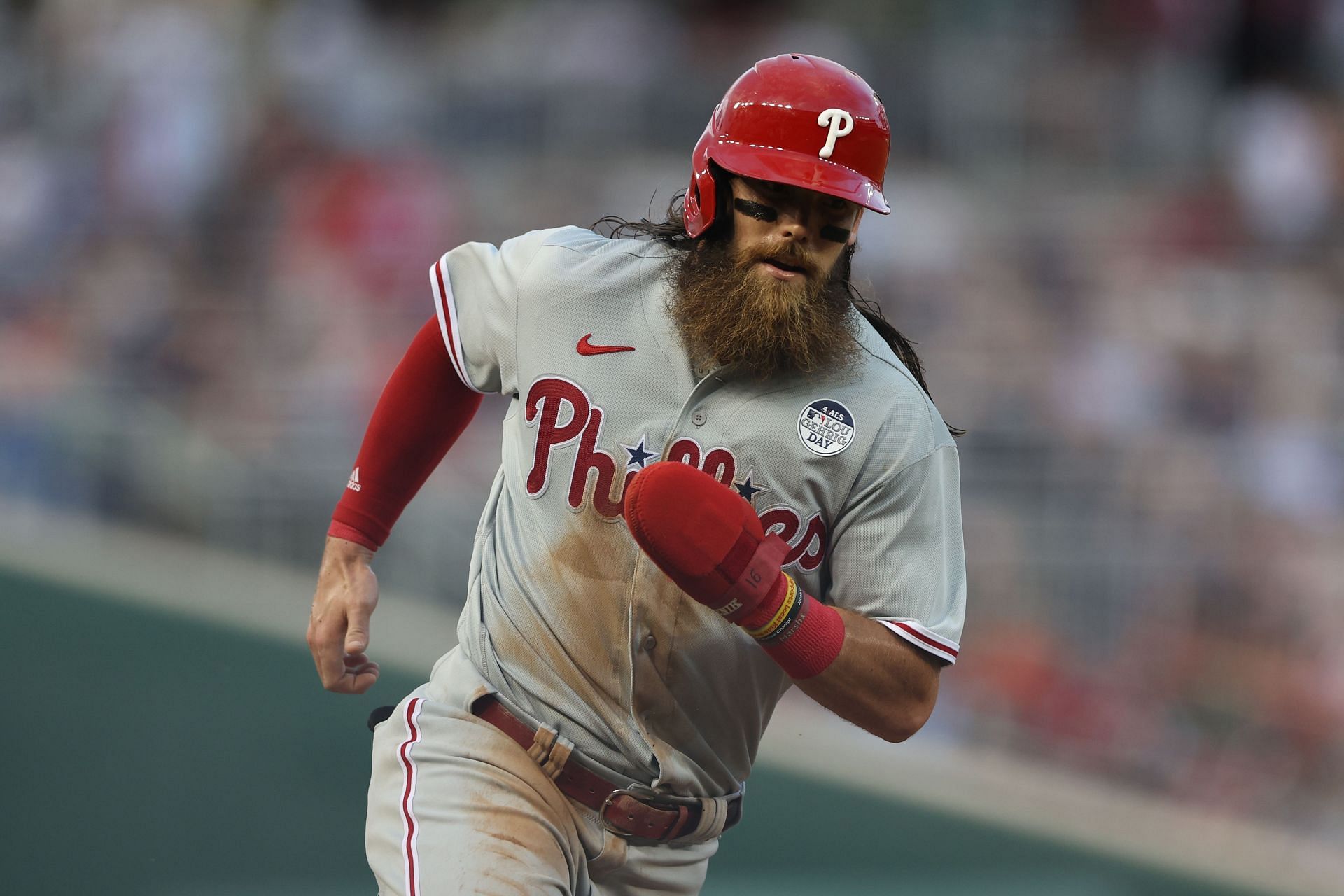 Brandon Marsh #16 of the Philadelphia Phillies runs the bases against the Washington Nationals at Nationals Park on June 02, 2023 in Washington, DC. (Photo by Patrick Smith/Getty Images)