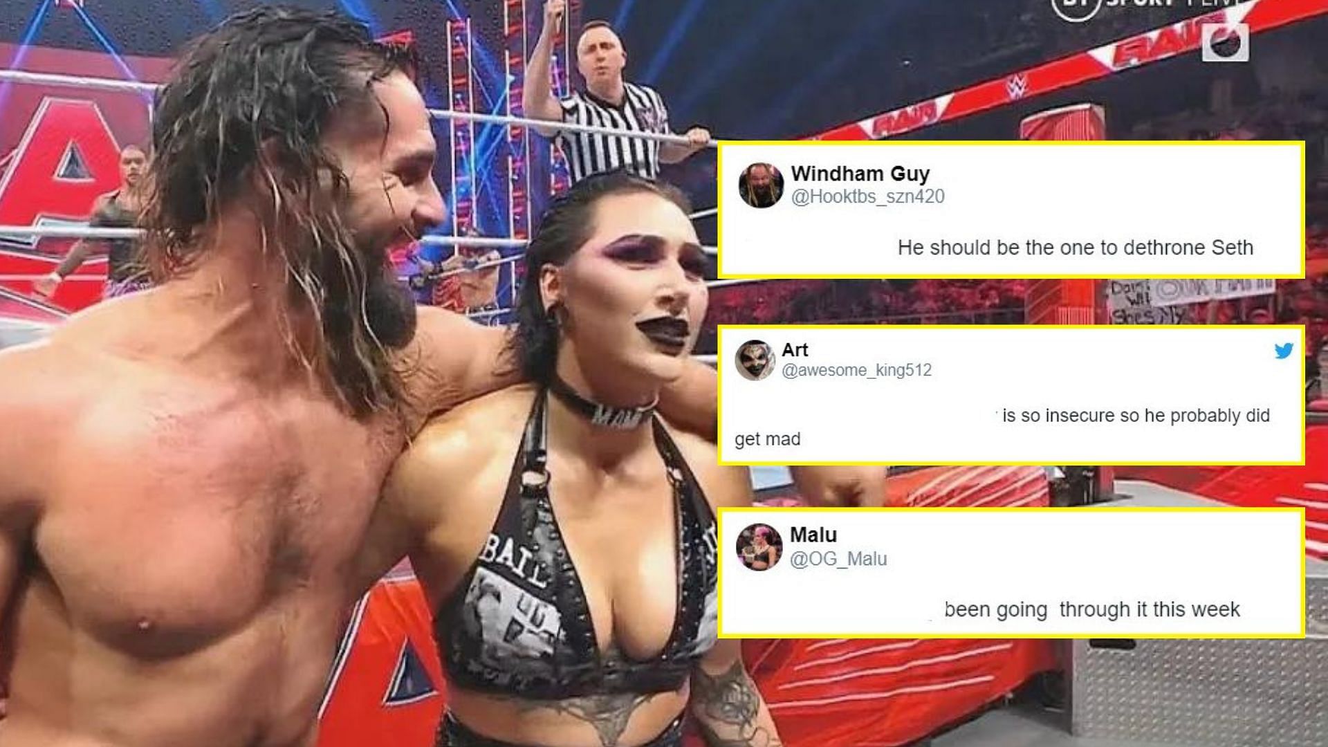 Seth Rollins and Rhea Ripley this week on WWE RAW