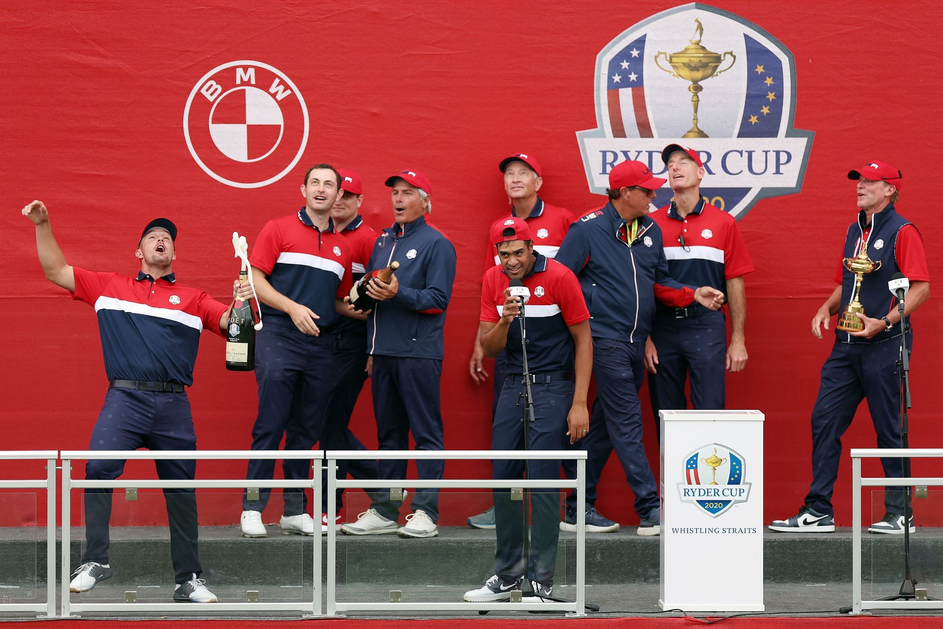 Team US celebrates with champagne after defeating team Europe during Sunday Singles Matches of the 43rd Ryder Cup at Whistling Straits in 2021