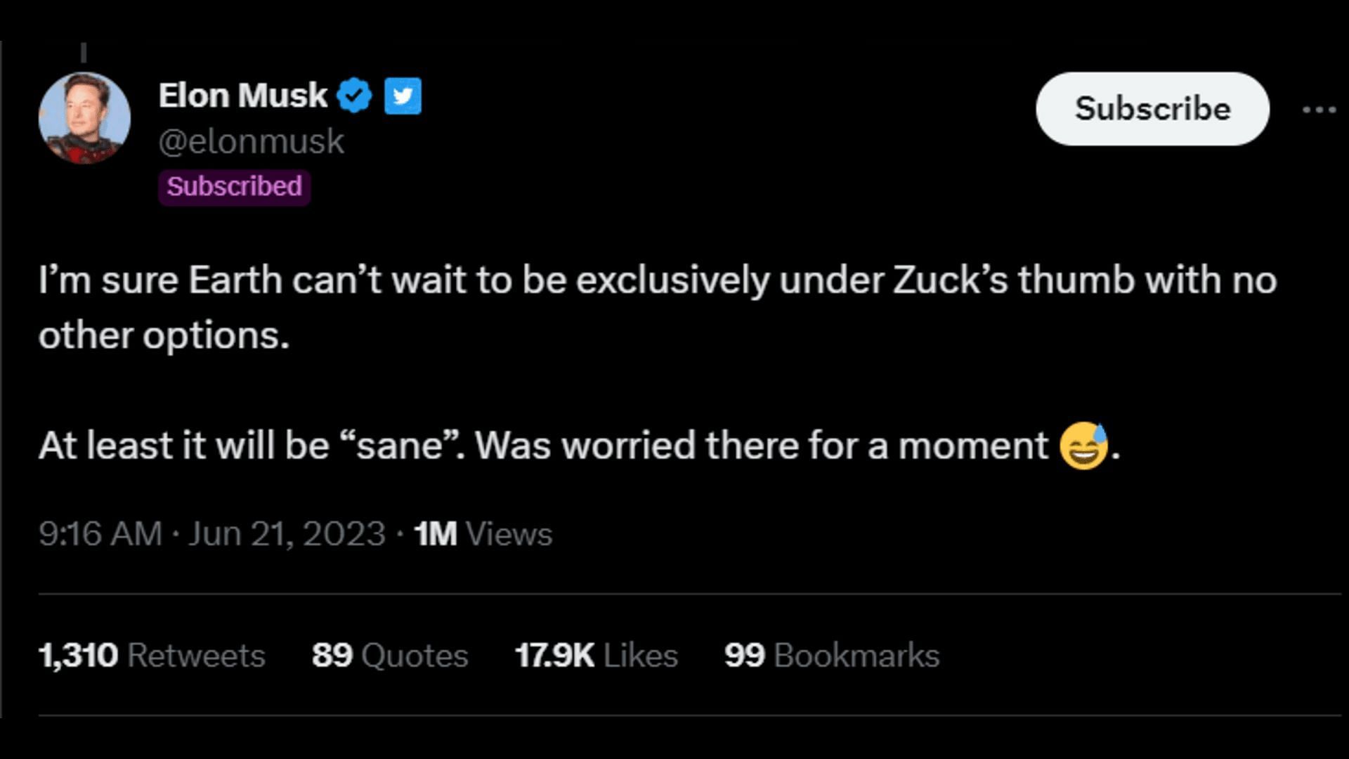 Elon Musk reacts to Meta&#039;s post on the launch of a new app called &quot;Threads&quot; to compete with Twitter. (Image via Twitter/Elon Musk)