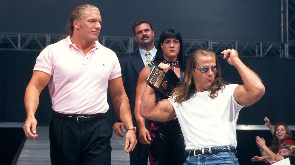 The original D-Generation X (left to right): Triple H, Rick Rude, Chyna, and Shawn Michaels