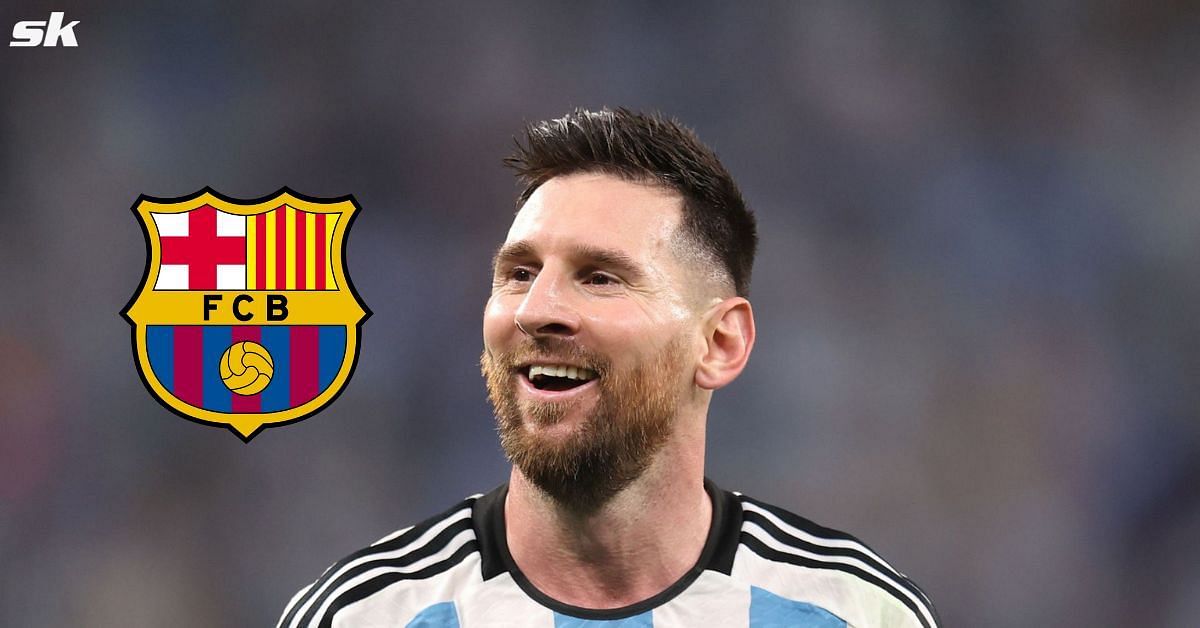 Lionel Messi reacts to Barcelona fans chanting his name.