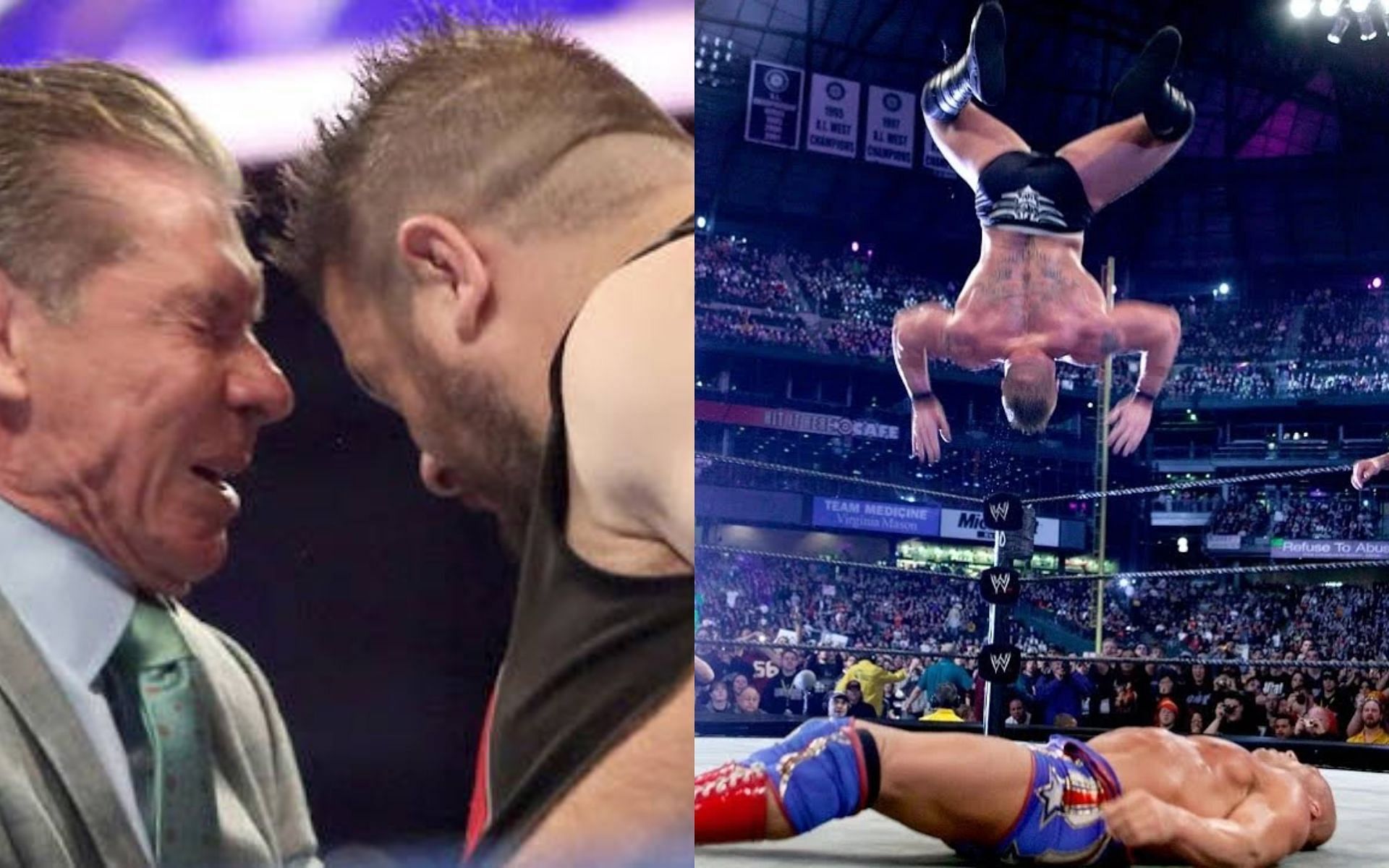 Kevin Owens headbutts Vince McMahon (L); the infamous Brock Lesnar shooting star press (R).