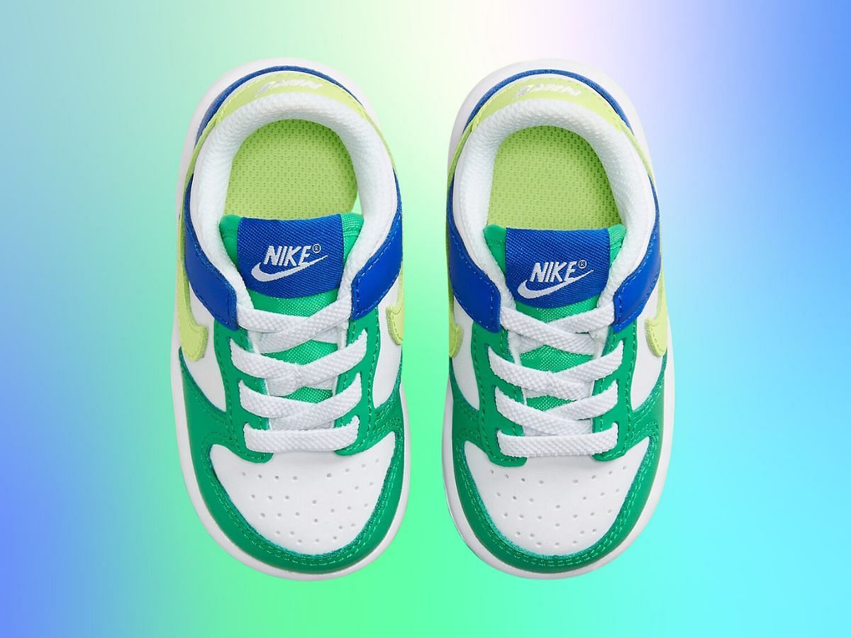 Front of Dunk Low TD &quot;Green and Blue&quot; sneakers (Image via Nike)