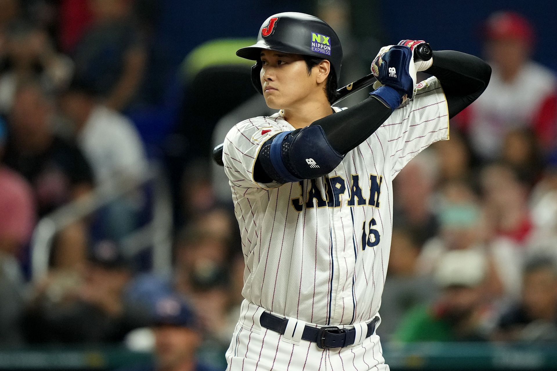 Shohei Ohtani of Team Japan at bat against Team USA during the World Baseball Classic Championship at loanDepot park