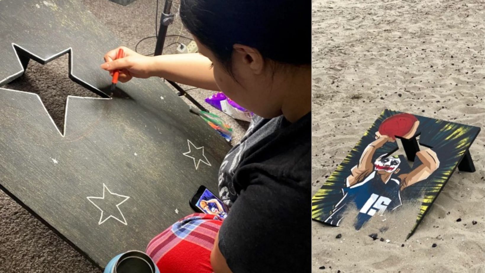 Nikola Jokic is artfully created in a cornhole board by a young Denver Nuggets fan.