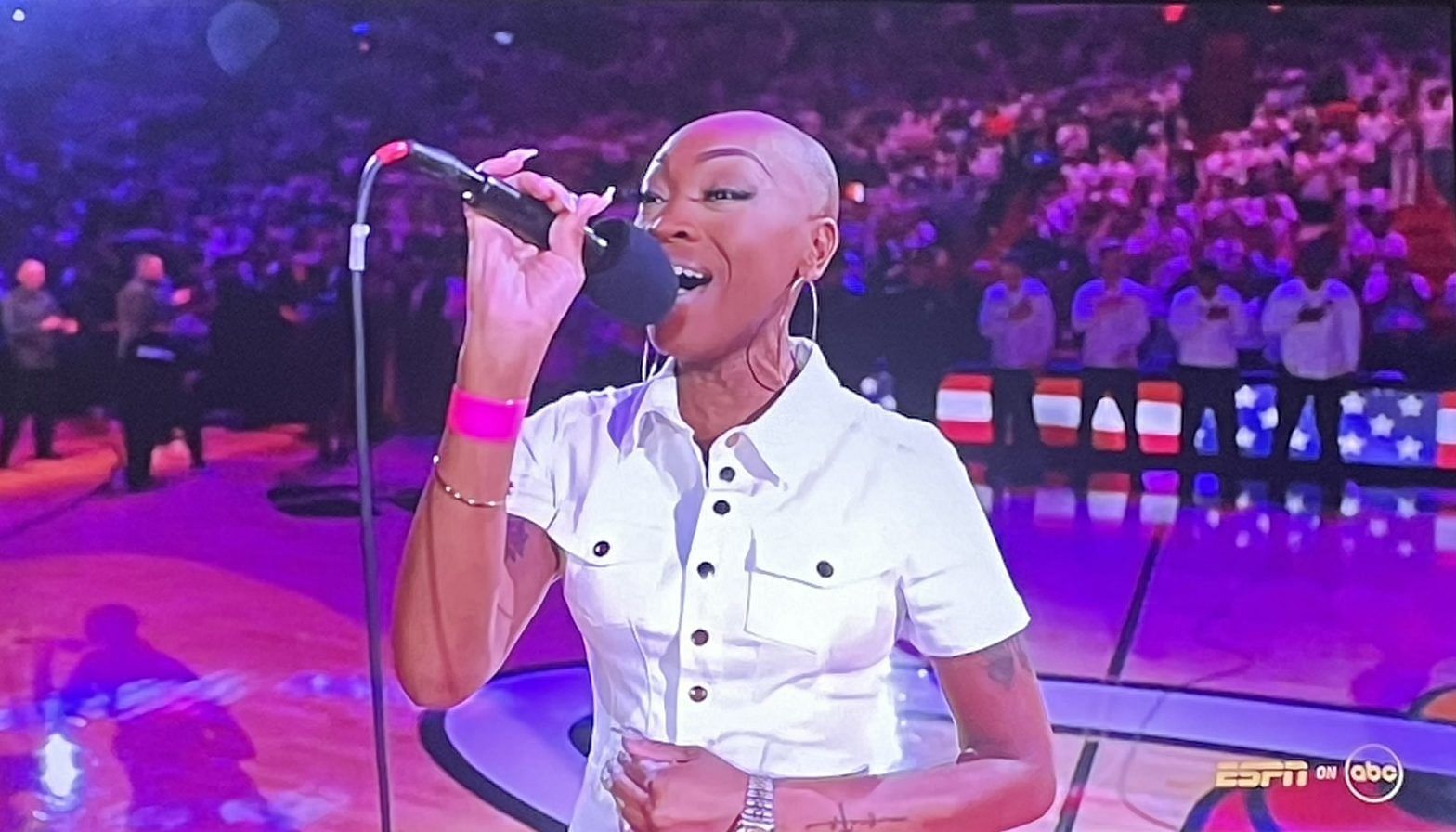 Laurana Strachan performing the national anthem in Game 4 of the NBA Finals (Photo: David Titchenal/Twitter)