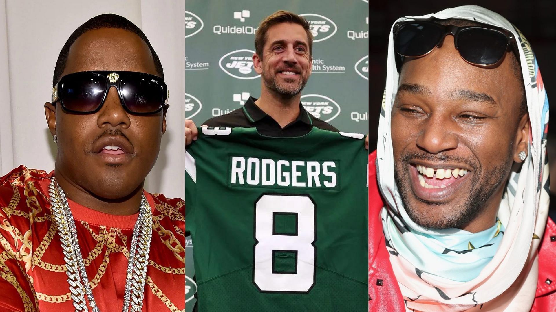 Ma$e (L) and his take on Jets QB Aaron Rodgers (C) forces Cam