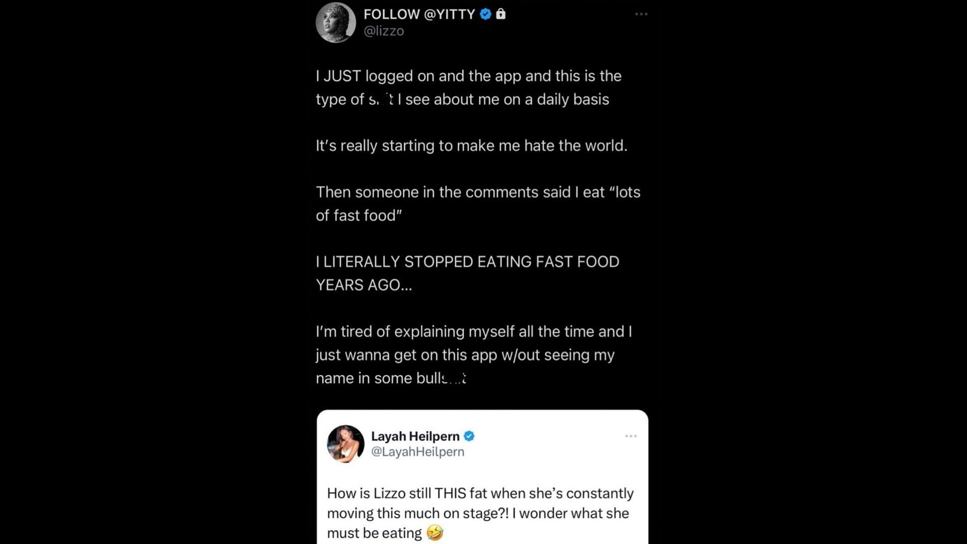 Screenshot of Lizzo's tweet slamming Layah Heilpern's remarks on her body.