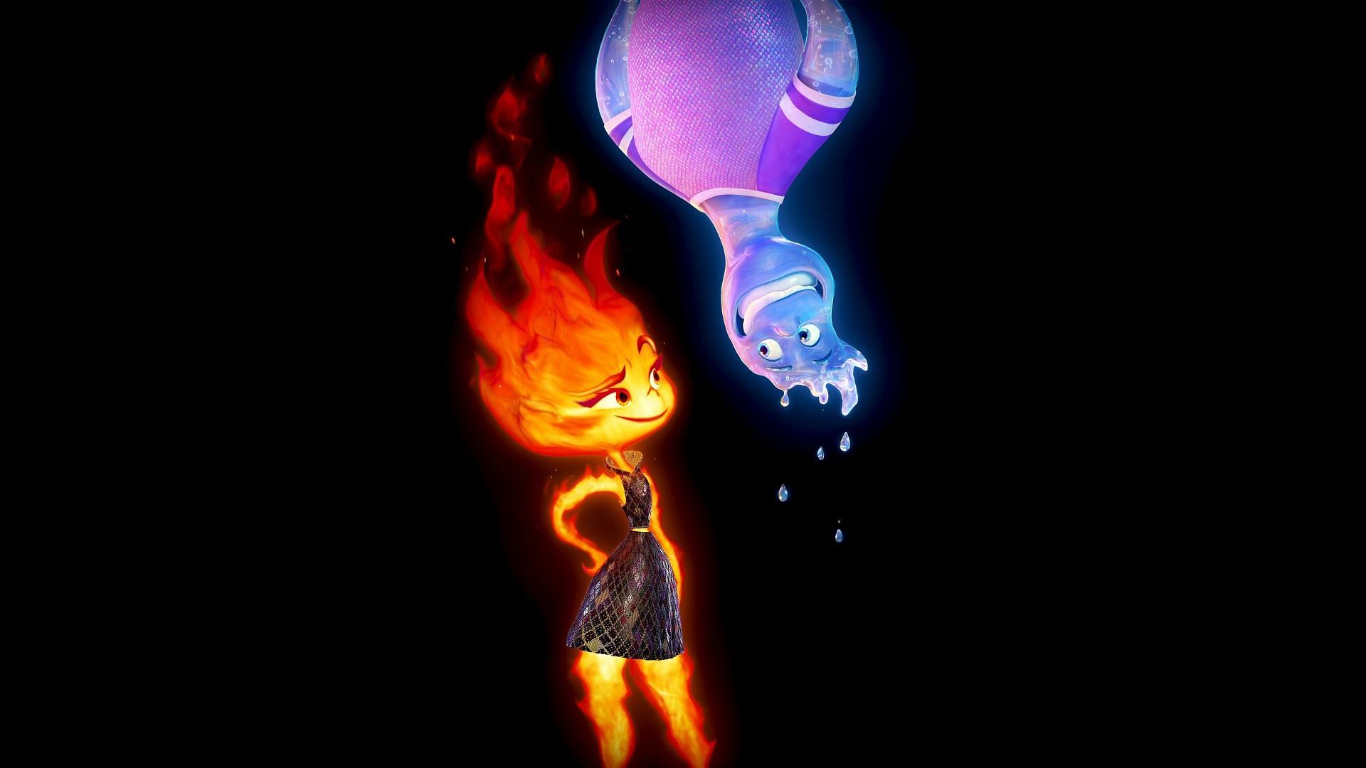 The main plot of Elemental revolves around a love story between Ember, a fire element and Wade, a water element (Image via Pixar)