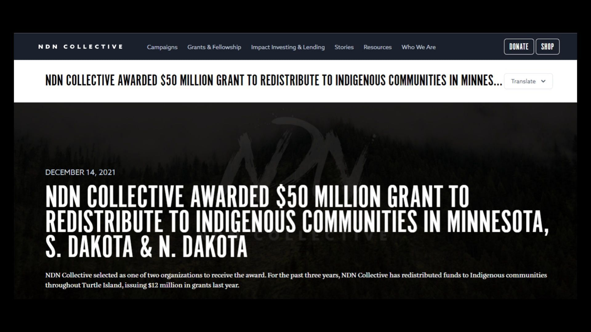 Screenshot of NDN Collective&#039;s 2021 donation announcement. (Photo via ndncollective.com)